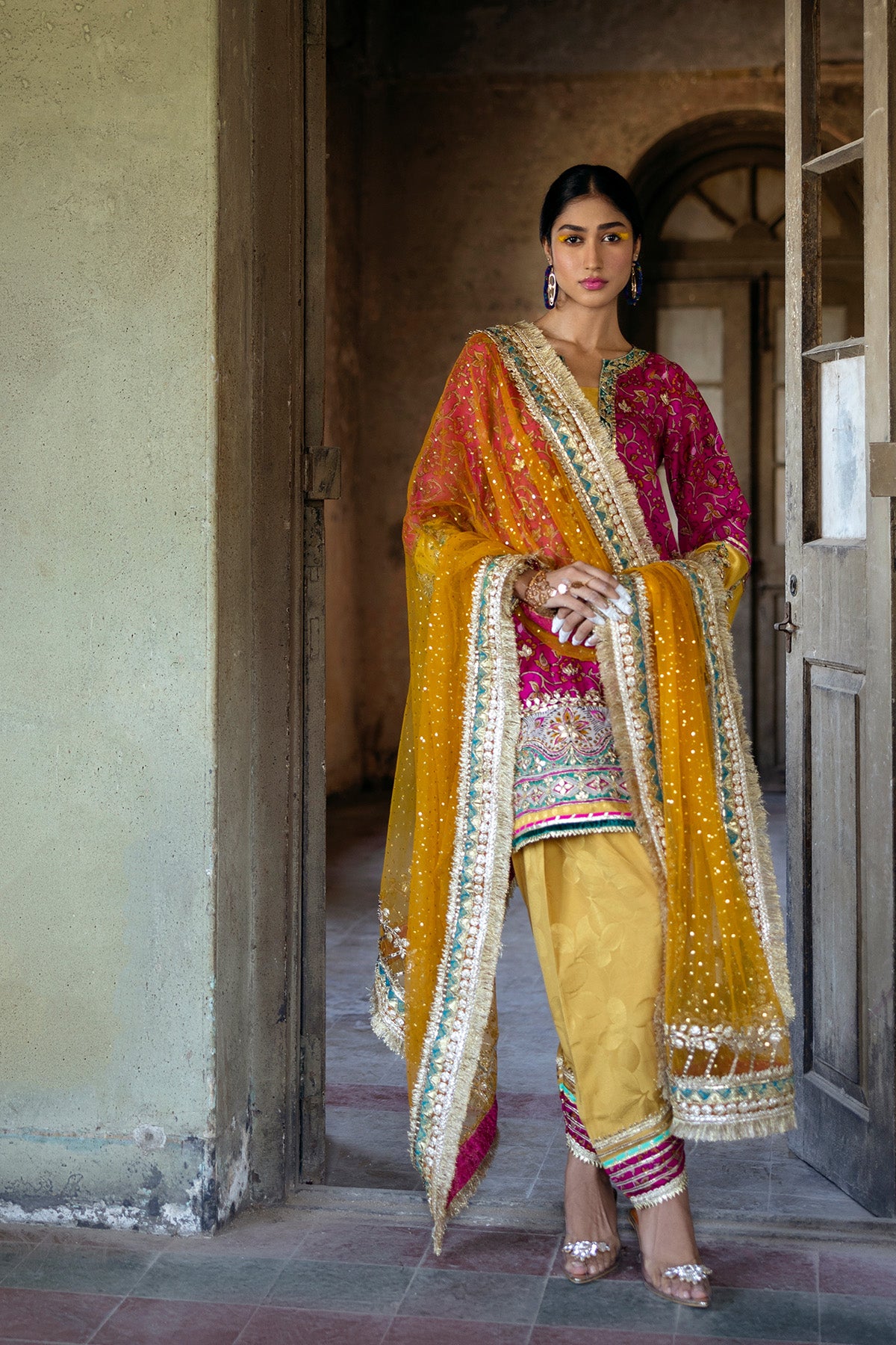 Pakistani Mustard Gota Embroidered Net Mukesh Dupatta (1-Pc) - Image 1