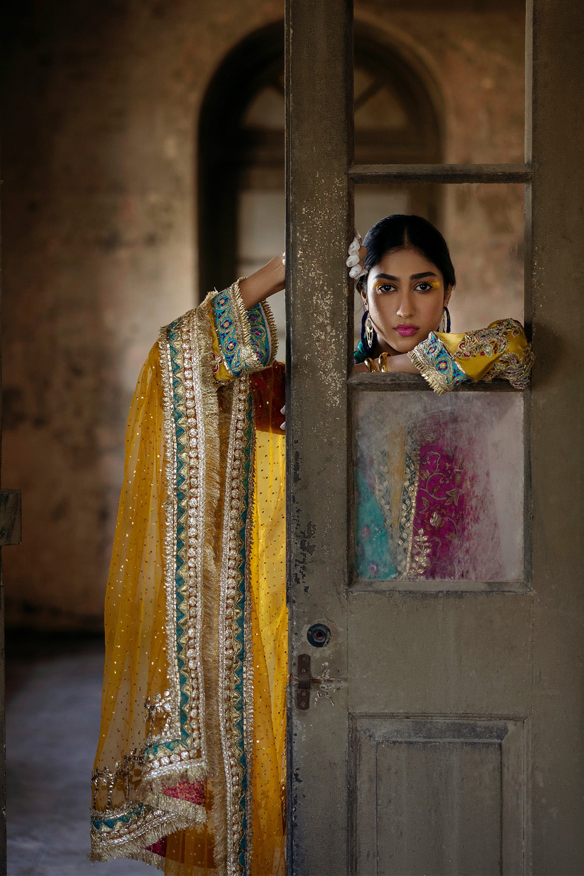 Pakistani Mustard Gota Embroidered Net Mukesh Dupatta (1-Pc) - Image 2