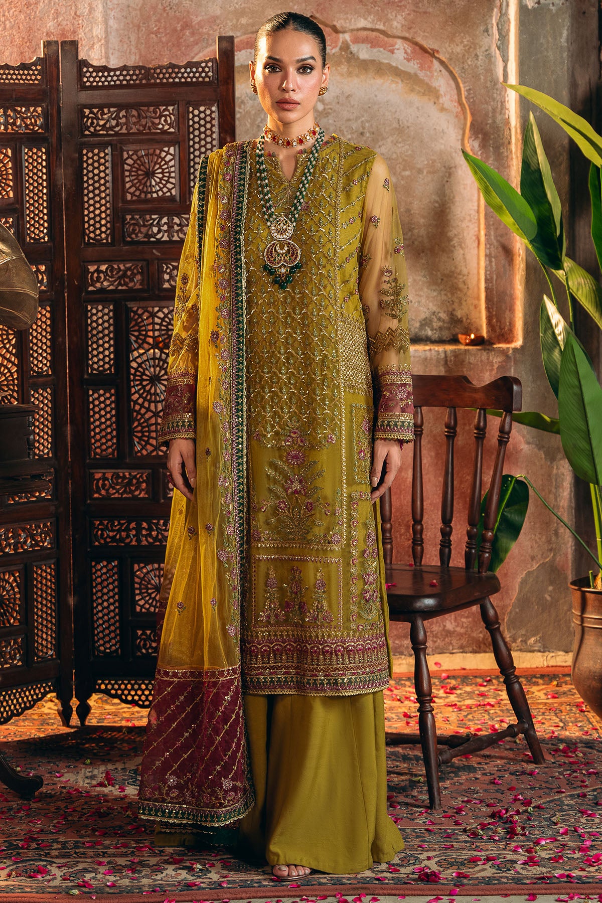 Mustard Embroidered Net & Silk Salwar Kameez (3-Piece) - Image 1