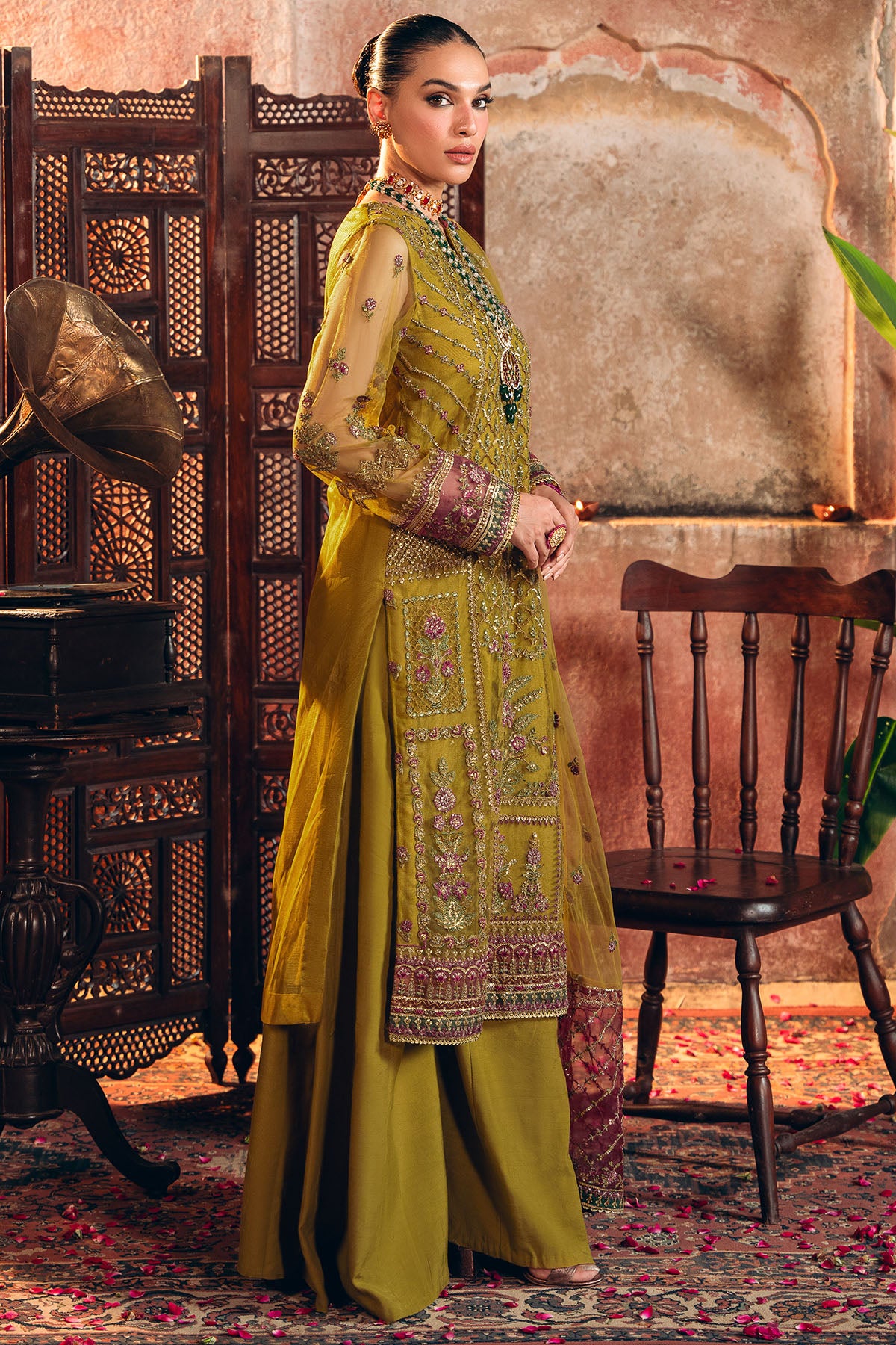 Mustard Embroidered Net & Silk Salwar Kameez (3-Piece) - Image 2
