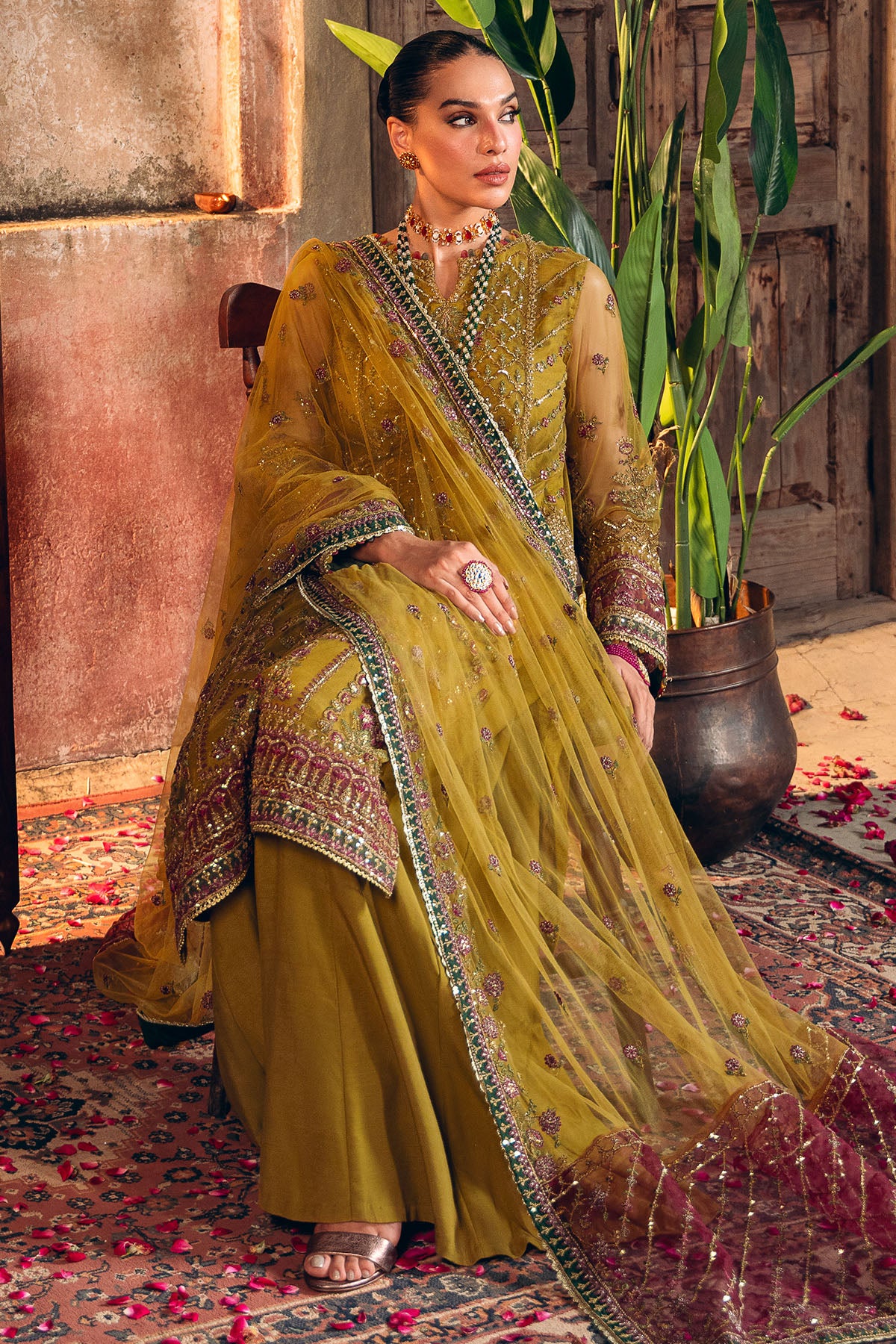 Mustard Embroidered Net & Silk Salwar Kameez (3-Piece) - Image 3