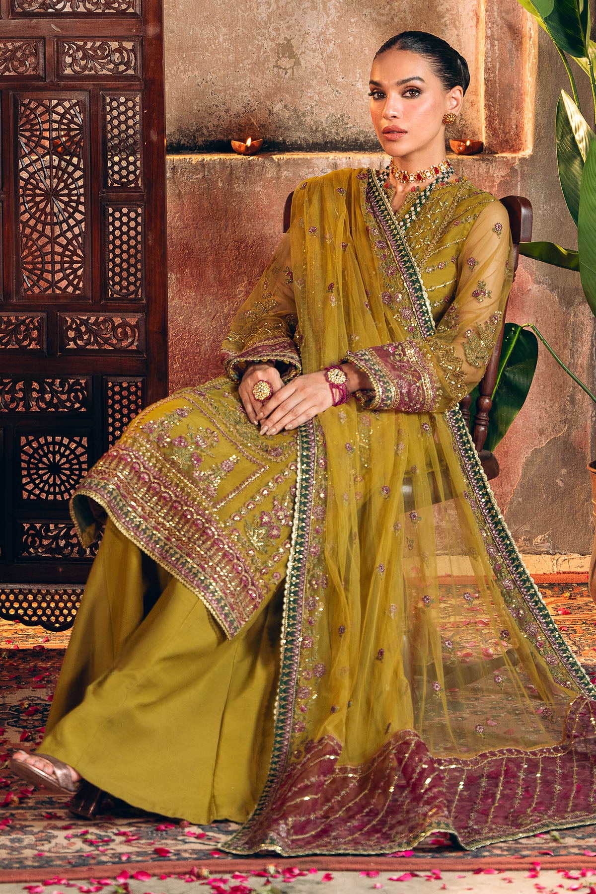 Mustard Embroidered Net & Silk Salwar Kameez (3-Piece) - Image 4