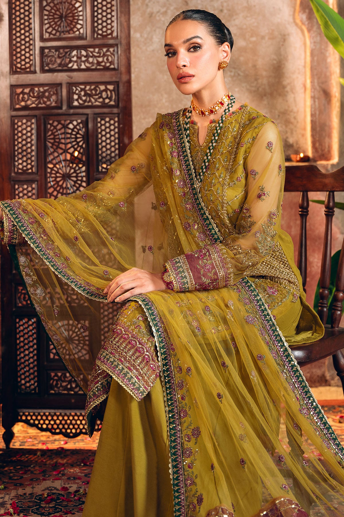 Mustard Embroidered Net & Silk Salwar Kameez (3-Piece) - Image 5