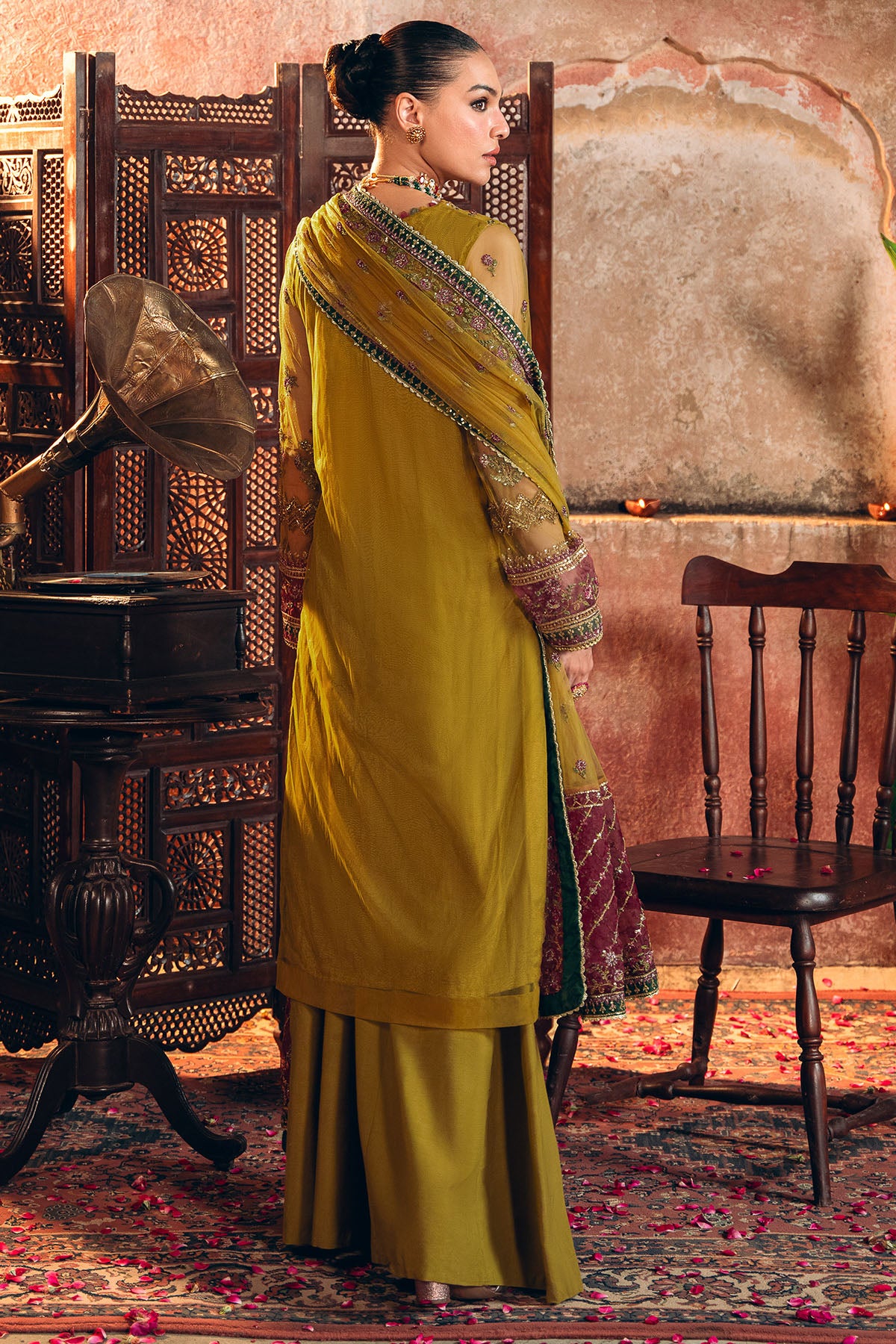 Mustard Embroidered Net & Silk Salwar Kameez (3-Piece) - Image 6