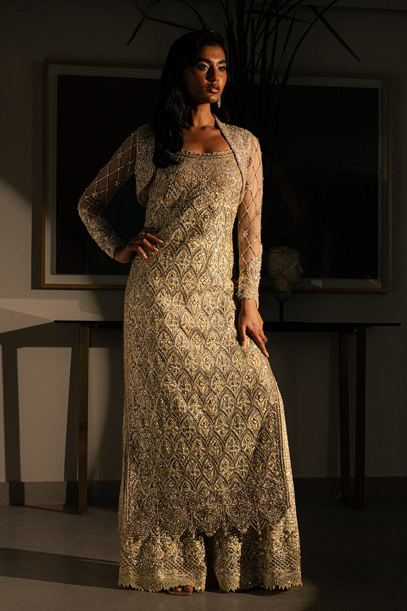 Pakistani Butter Yellow Cut Dana Net Organza Salwar Kameez (2-Piece) - Image 2