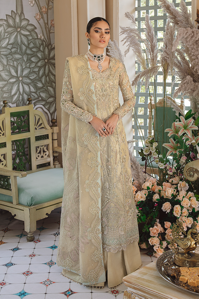 Pakistani Pale Yellow Embroidered Organza Salwar Kameez (3-Piece) - Image 3