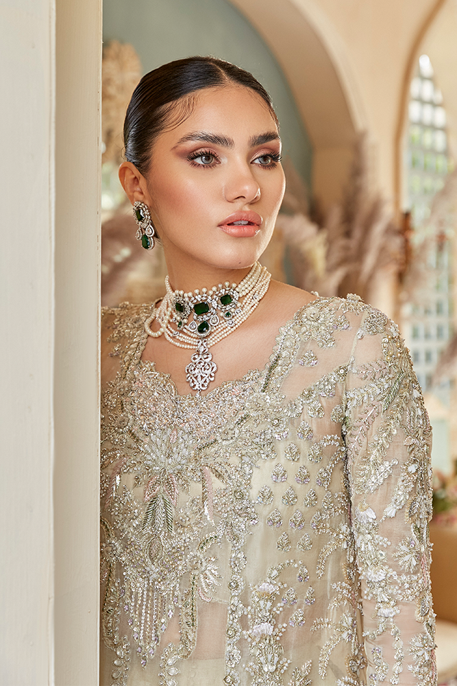 Pakistani Pale Yellow Embroidered Organza Salwar Kameez (3-Piece) - Image 4