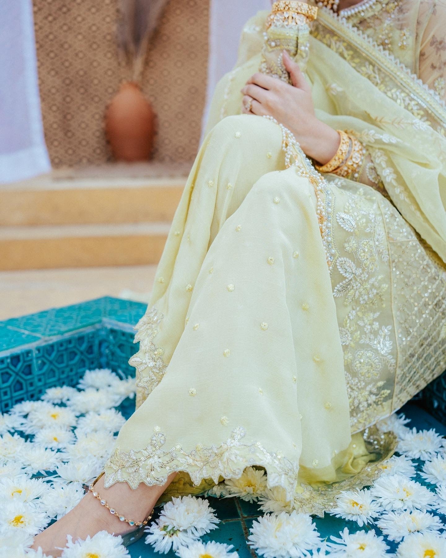 Pakistani Pale Yellow Embroidered Organza & Raw Silk Salwar Kameez (3-Piece) - Image 3