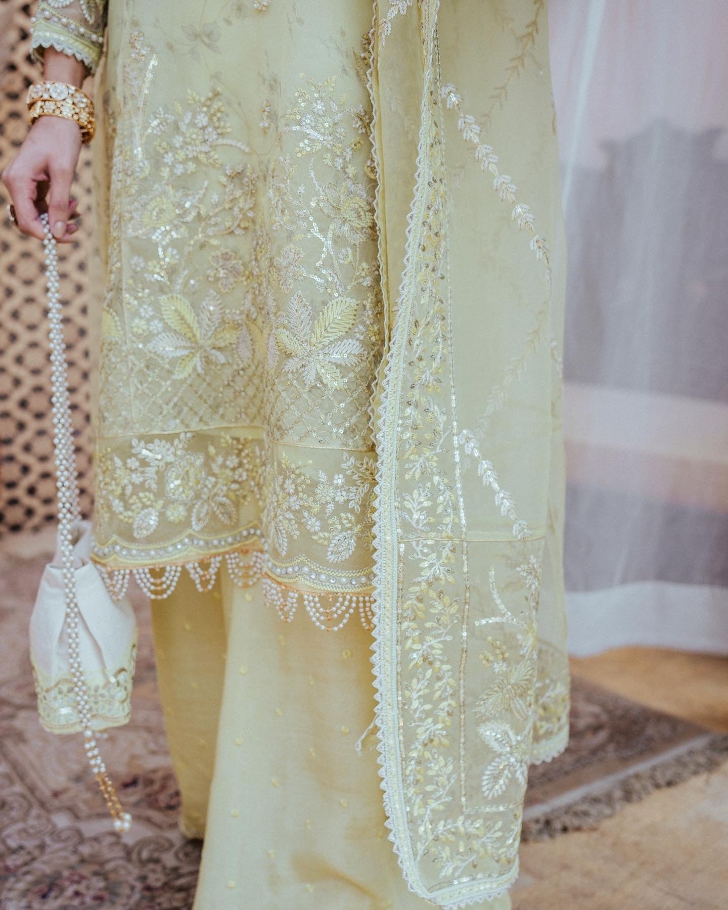 Pakistani Pale Yellow Embroidered Organza & Raw Silk Salwar Kameez (3-Piece) - Image 4