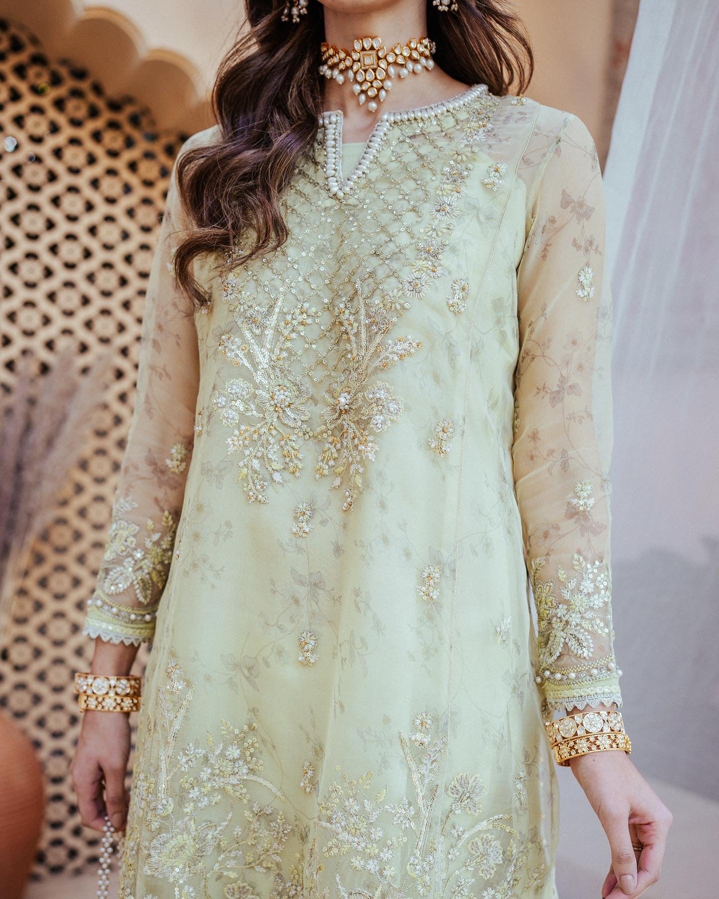 Pakistani Pale Yellow Embroidered Organza & Raw Silk Salwar Kameez (3-Piece) - Image 5