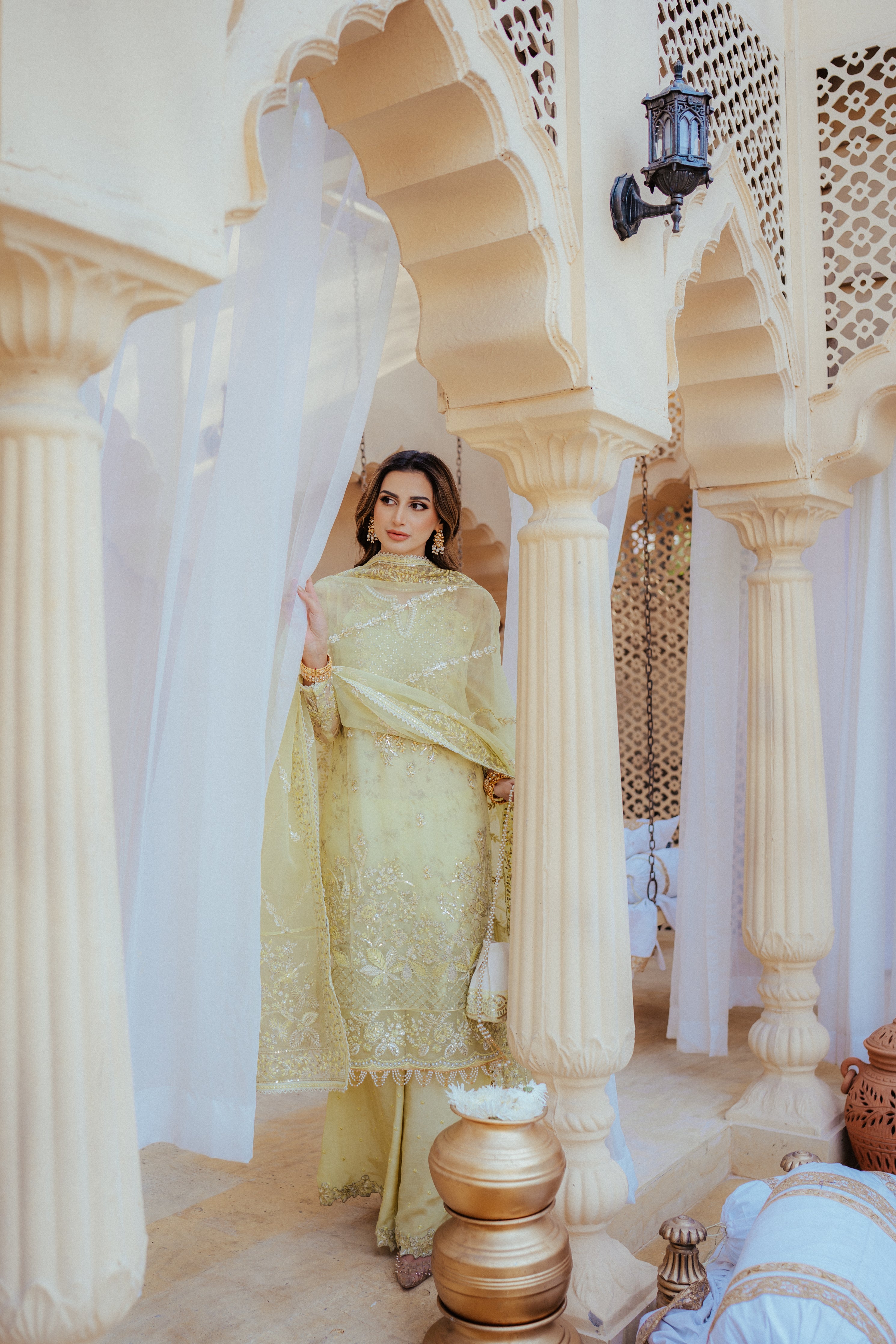 Pakistani Pale Yellow Embroidered Organza & Raw Silk Salwar Kameez (3-Piece) - Image 7