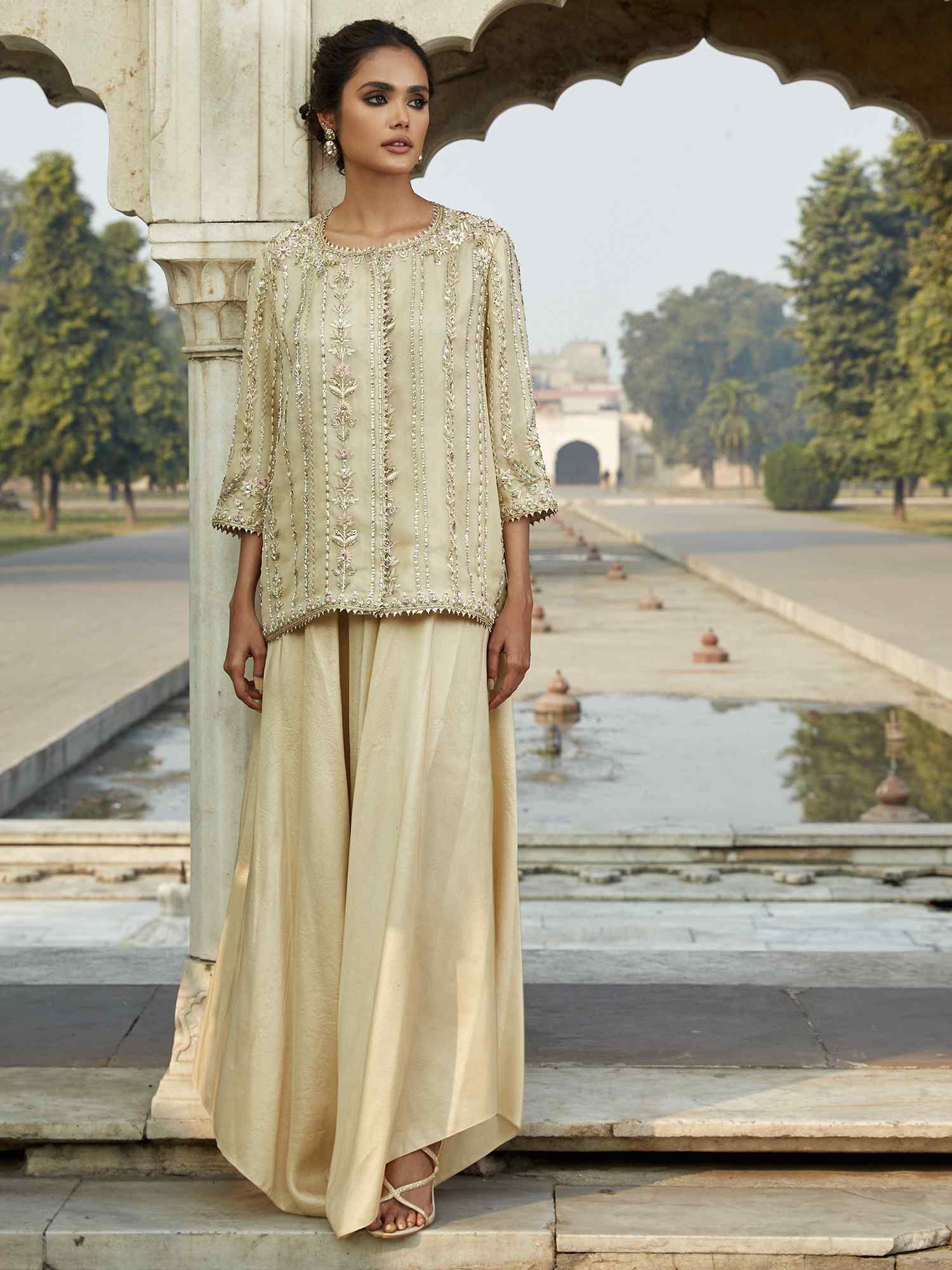 Pale Yellow Embroidered Organza & Raw Silk Jacket (2-Piece) - Image 1