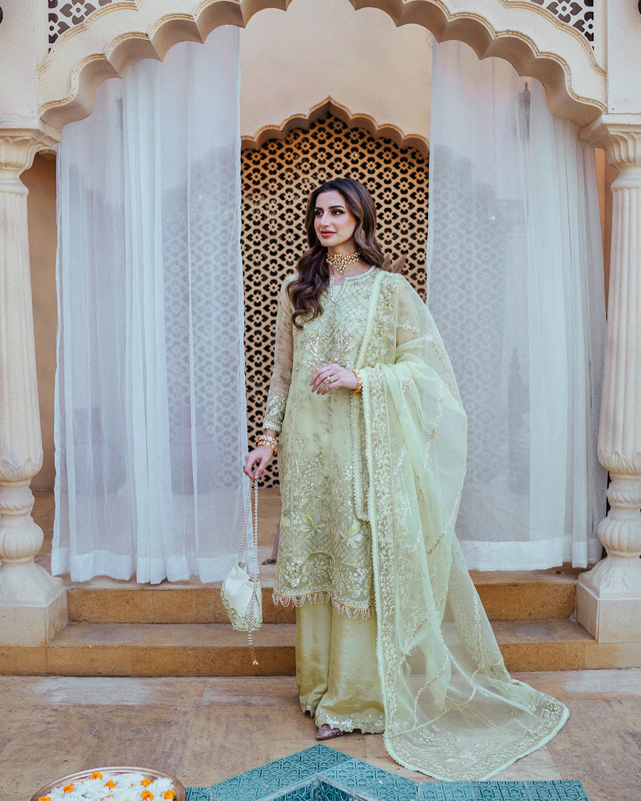Pale Yellow Embroidered Organza & Raw Silk Salwar Kameez (3-Piece) - Image 2