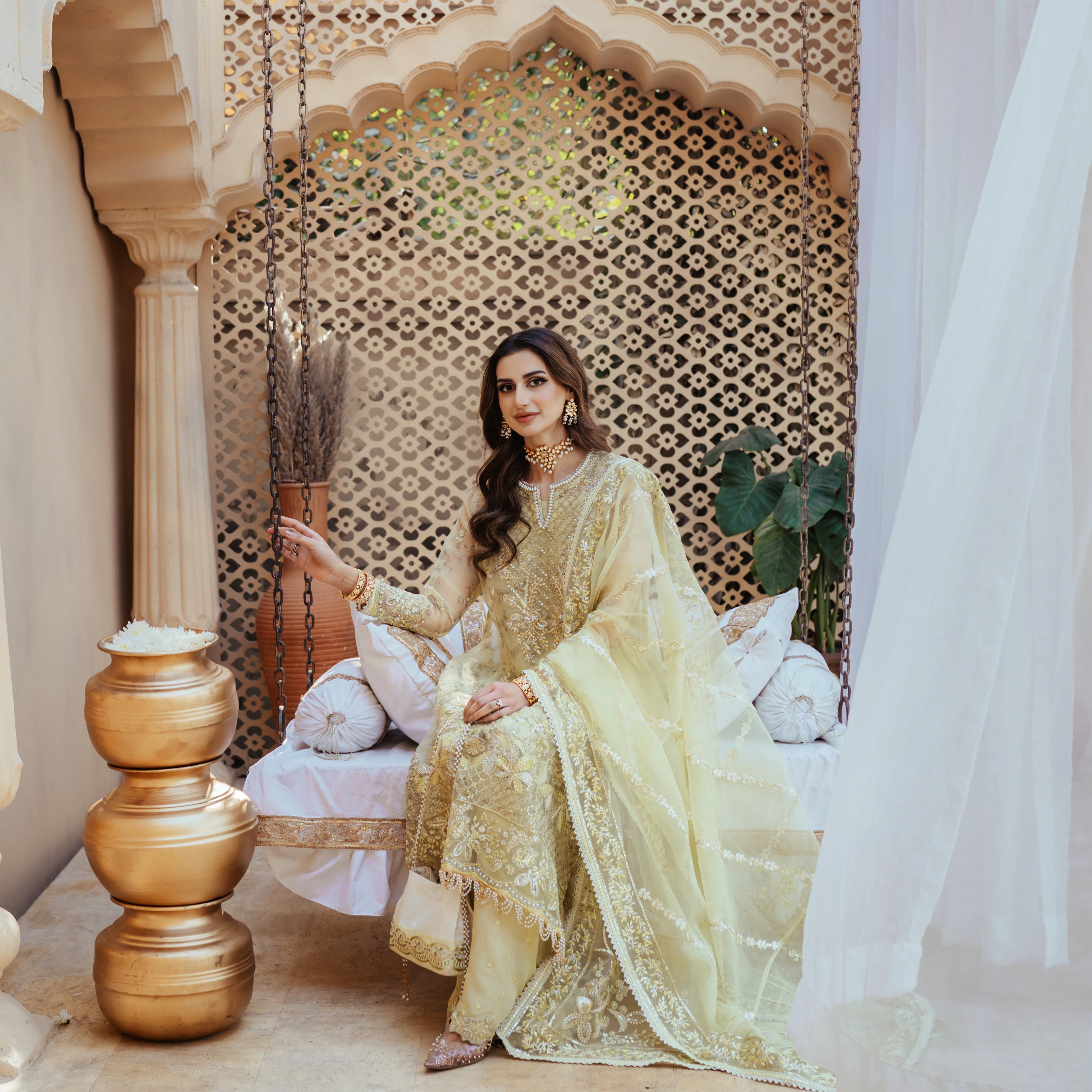 Pale Yellow Embroidered Organza & Raw Silk Salwar Kameez (3-Piece) - Image 4