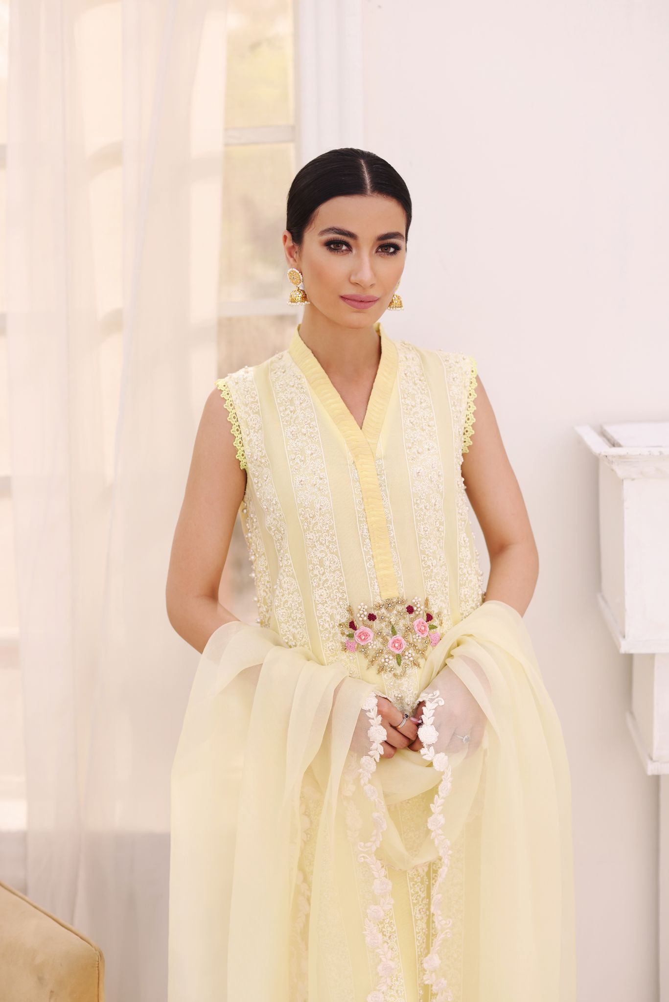 Lemon Yellow Zardosi Organza Salwar Kameez (3-Piece) - Image 1