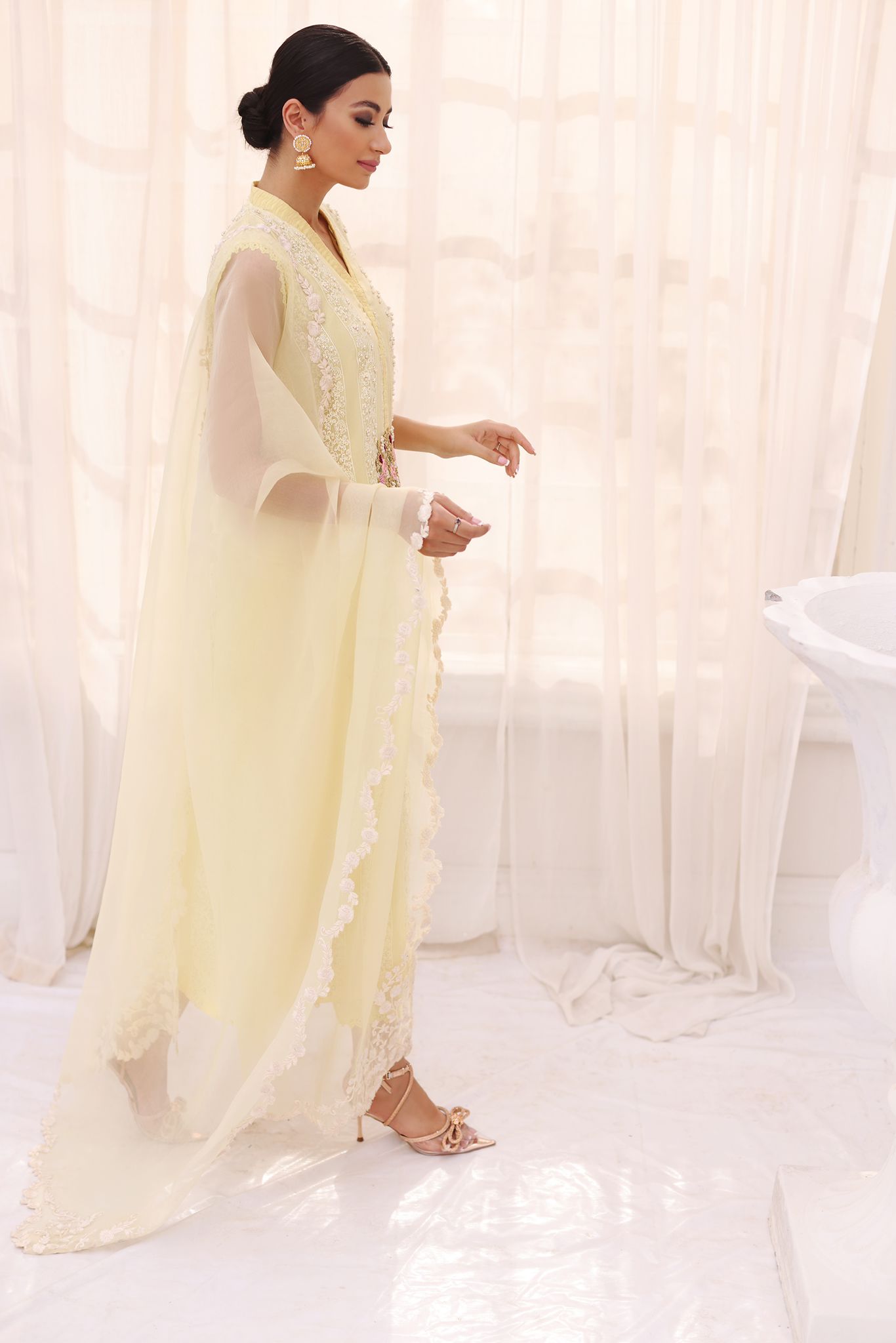 Lemon Yellow Zardosi Organza Salwar Kameez (3-Piece) - Image 3