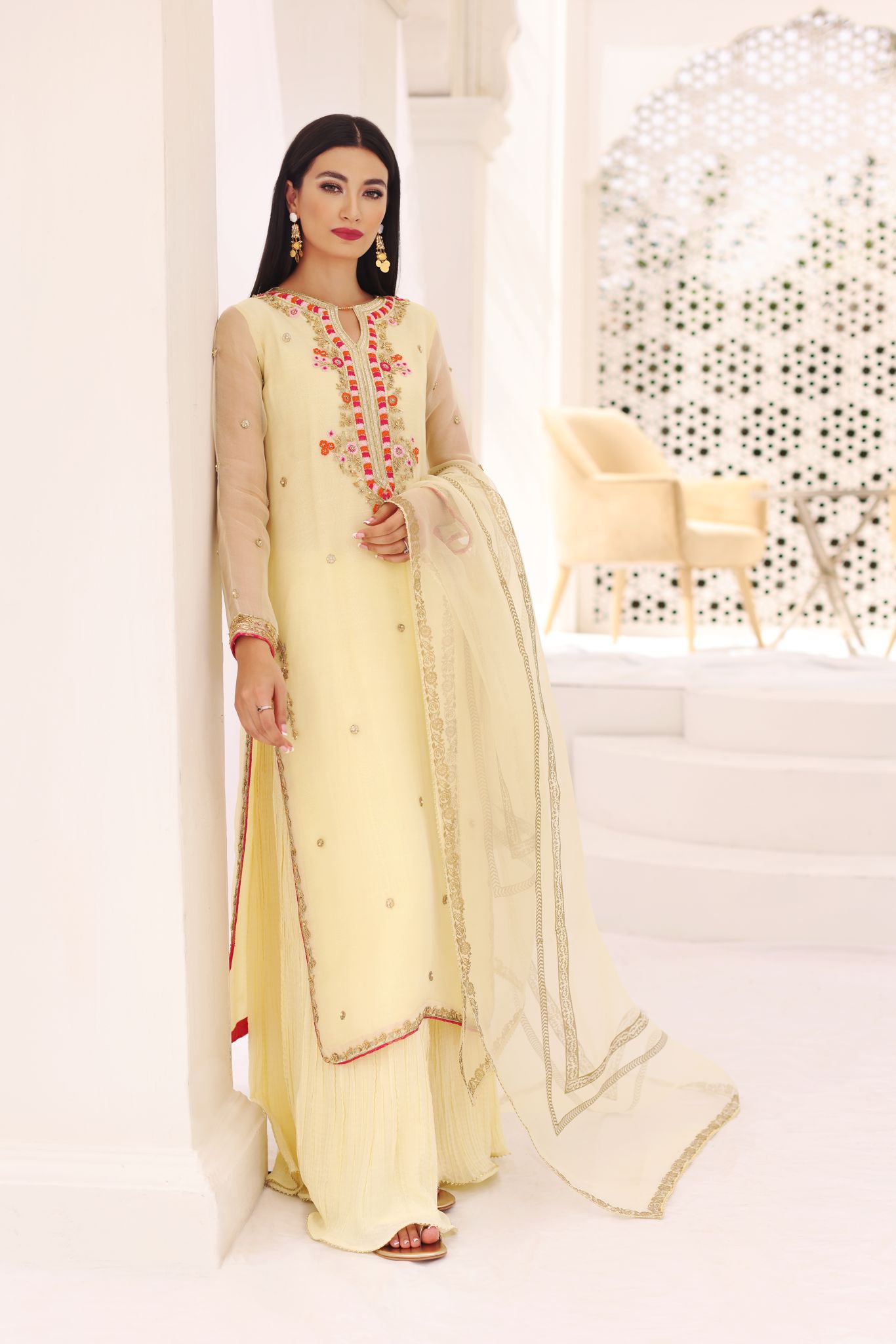 Lemon Yellow Zardozi Organza Salwar Kameez (3-Piece) - Image 1