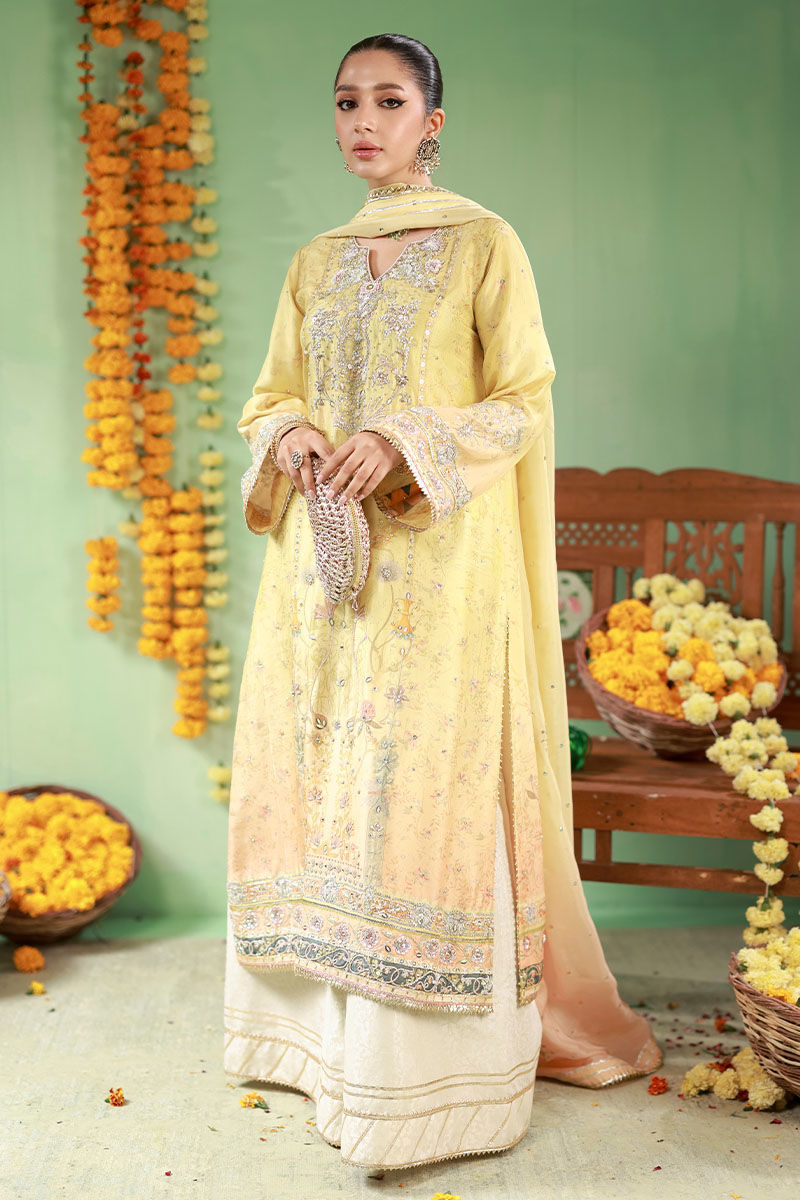 Pakistani Butter Yellow Embroidered Raw Silk Salwar Kameez (3-Piece) - Image 1
