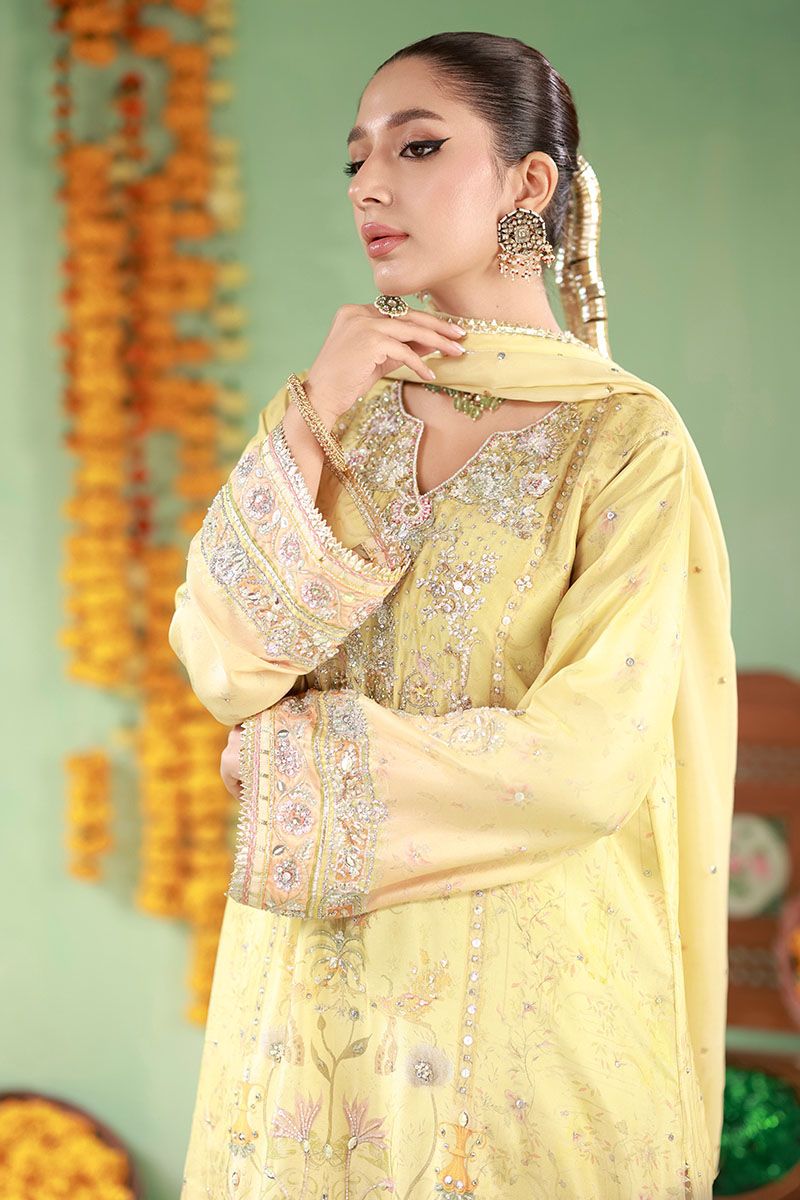 Pakistani Butter Yellow Embroidered Raw Silk Salwar Kameez (3-Piece) - Image 2