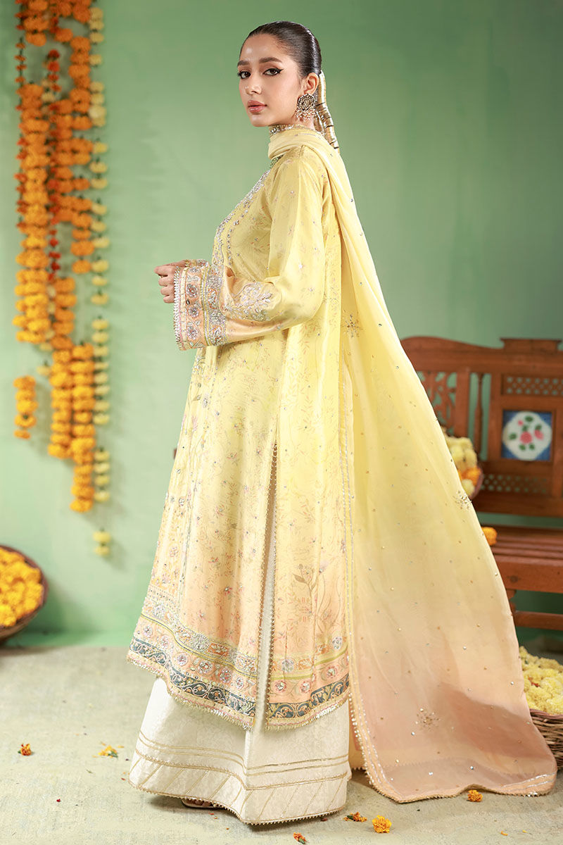Pakistani Butter Yellow Embroidered Raw Silk Salwar Kameez (3-Piece) - Image 5