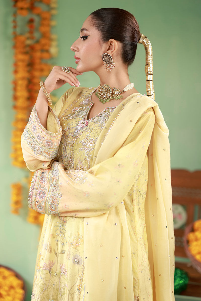 Pakistani Butter Yellow Embroidered Raw Silk Salwar Kameez (3-Piece) - Image 6