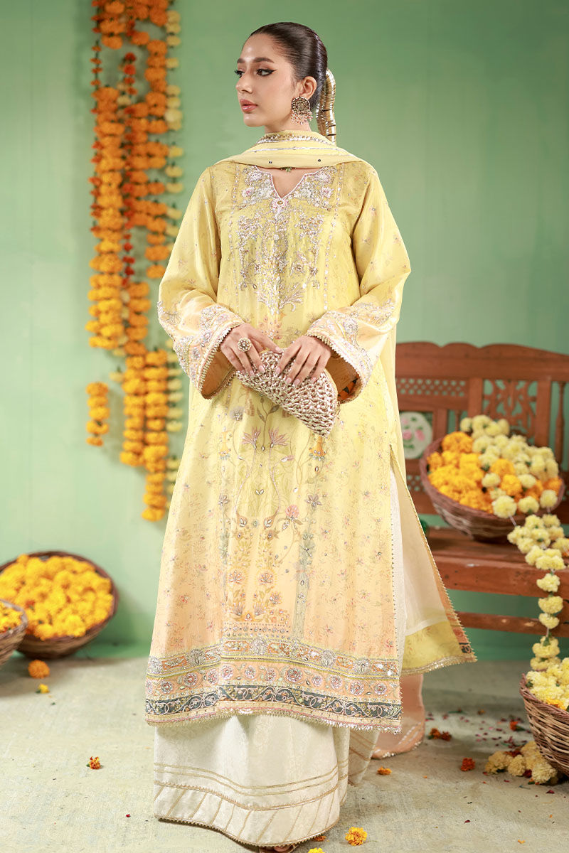Pakistani Butter Yellow Embroidered Raw Silk Salwar Kameez (3-Piece) - Image 7