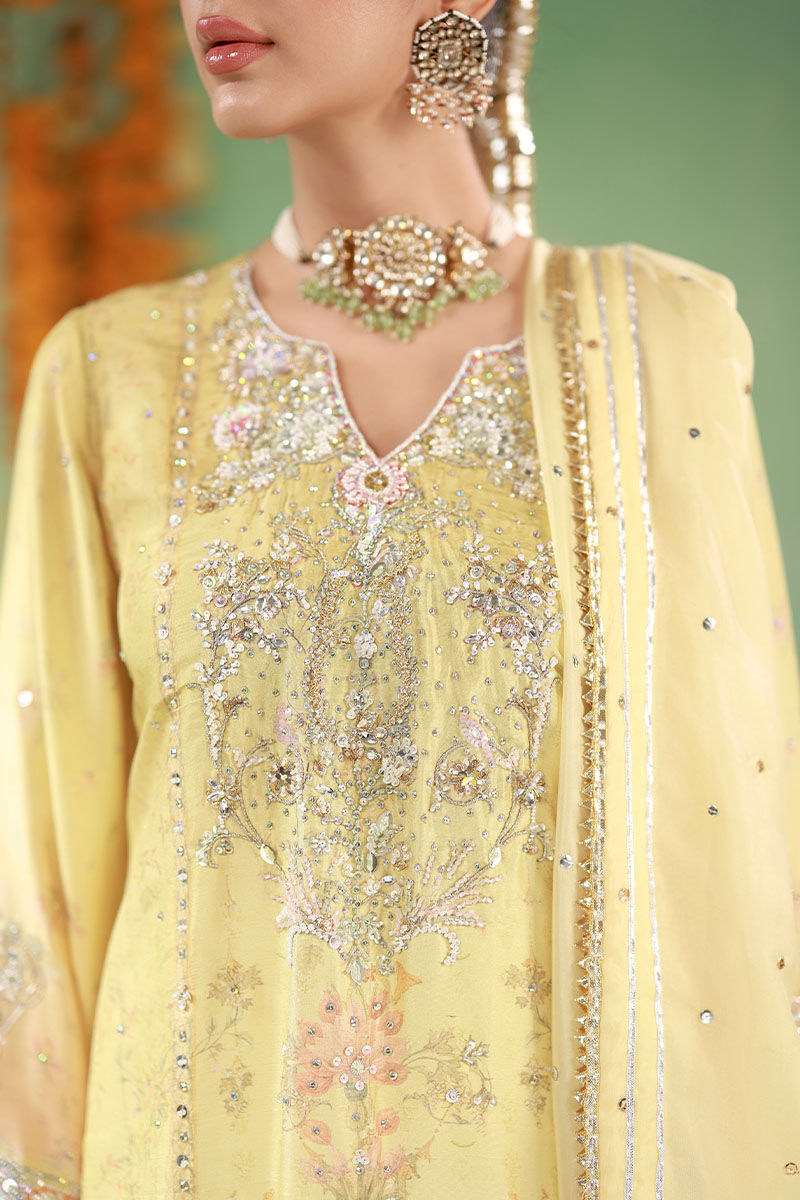 Pakistani Butter Yellow Embroidered Raw Silk Salwar Kameez (3-Piece) - Image 8