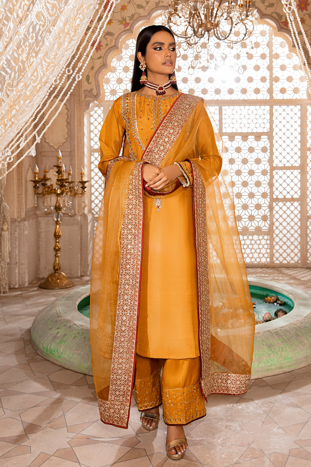 Mustard Embellished Korean Raw Silk 3-Piece Suit - Image 1