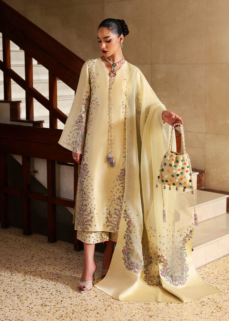 Butter Yellow Embroidered Raw Silk & Organza Salwar Kameez (3-Piece) - Image 1