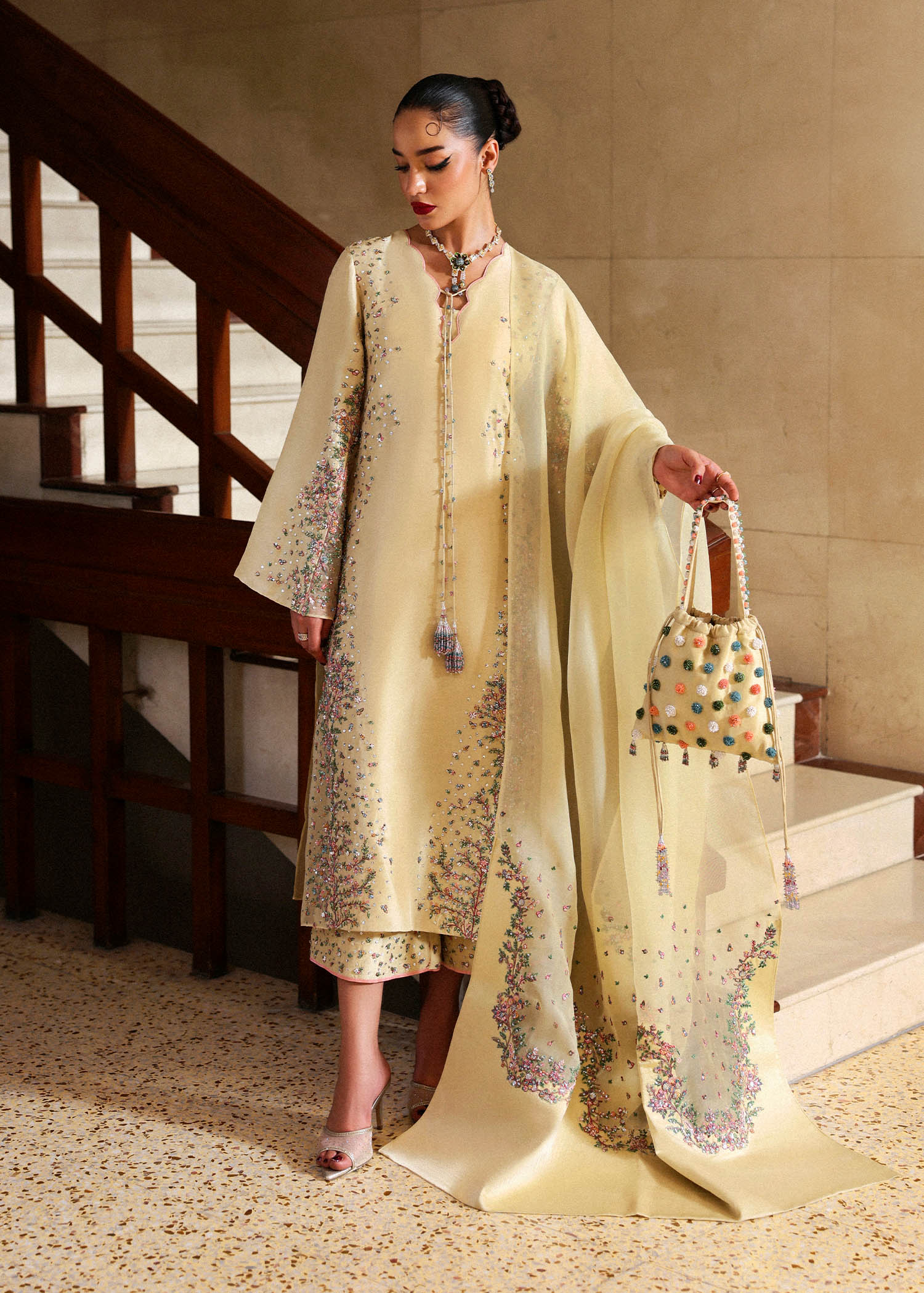 Butter Yellow Embroidered Raw Silk & Organza Salwar Kameez (3-Piece) - Image 2