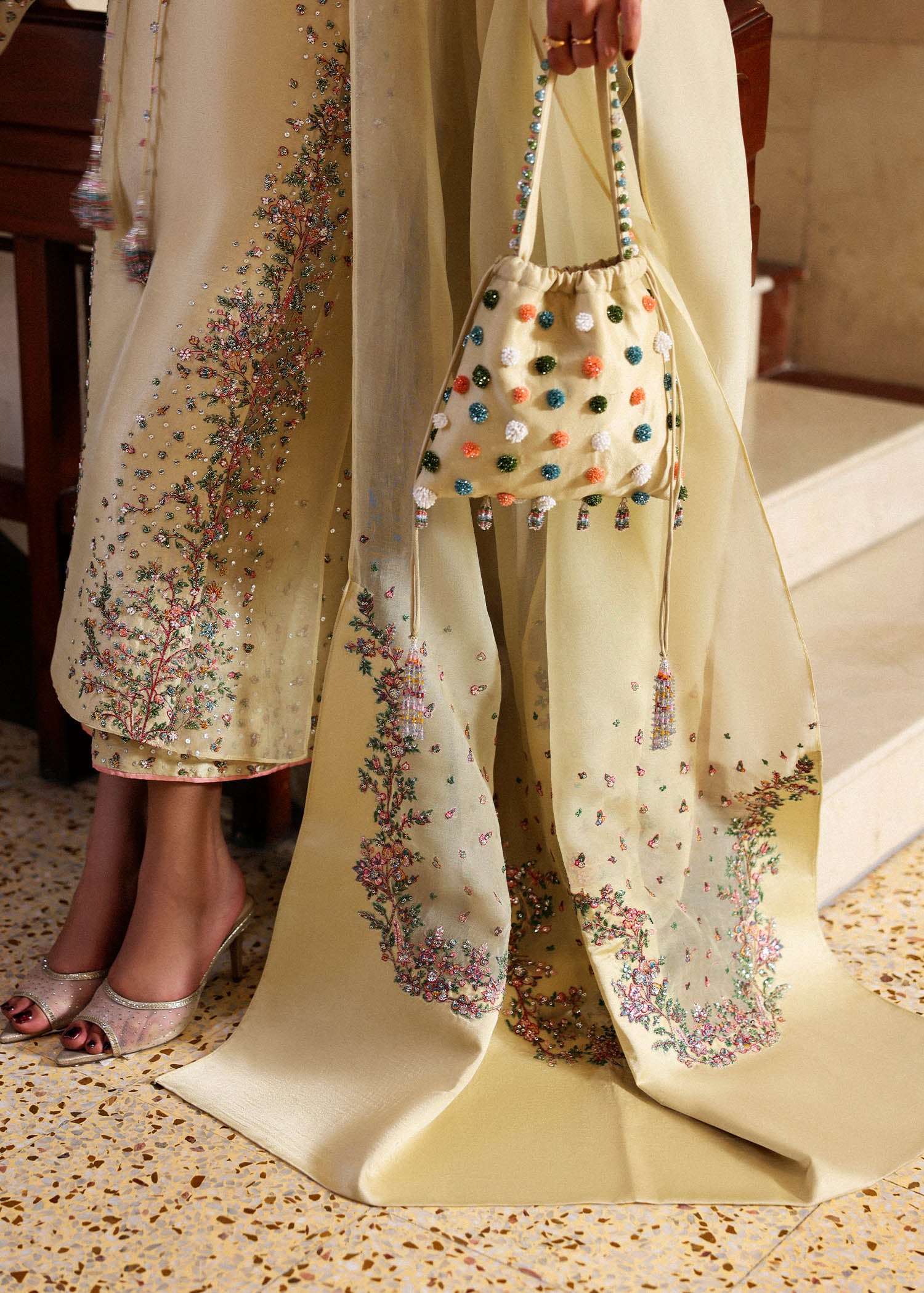 Butter Yellow Embroidered Raw Silk & Organza Salwar Kameez (3-Piece) - Image 4