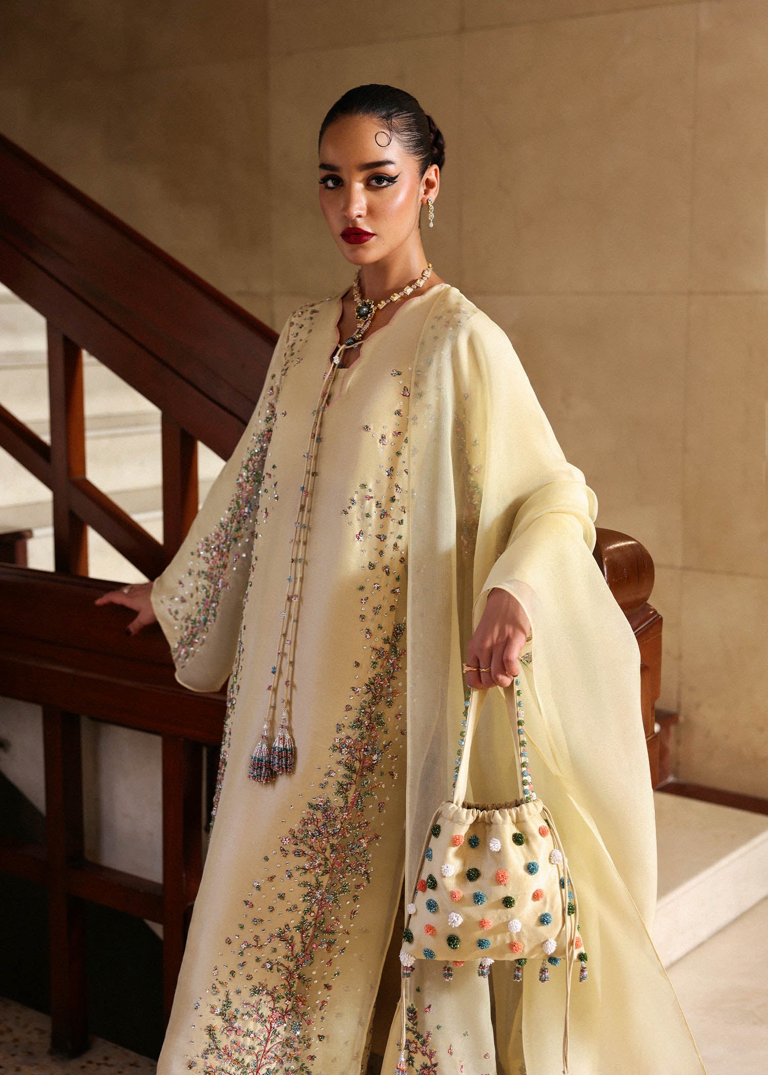 Butter Yellow Embroidered Raw Silk & Organza Salwar Kameez (3-Piece) - Image 5