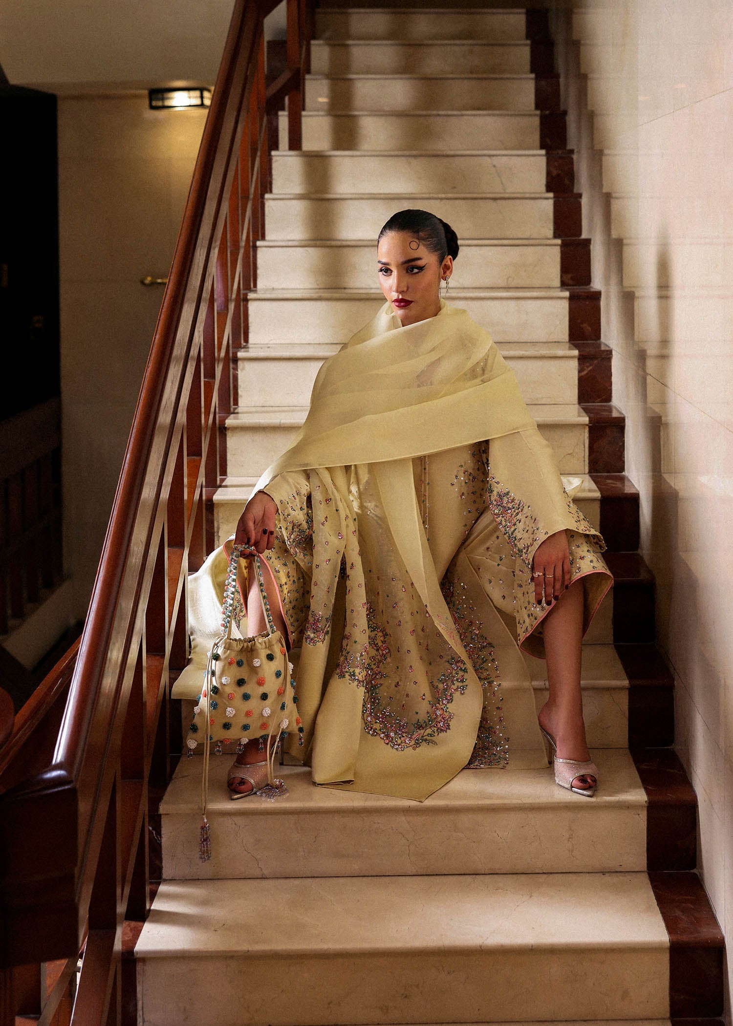 Butter Yellow Embroidered Raw Silk & Organza Salwar Kameez (3-Piece) - Image 6