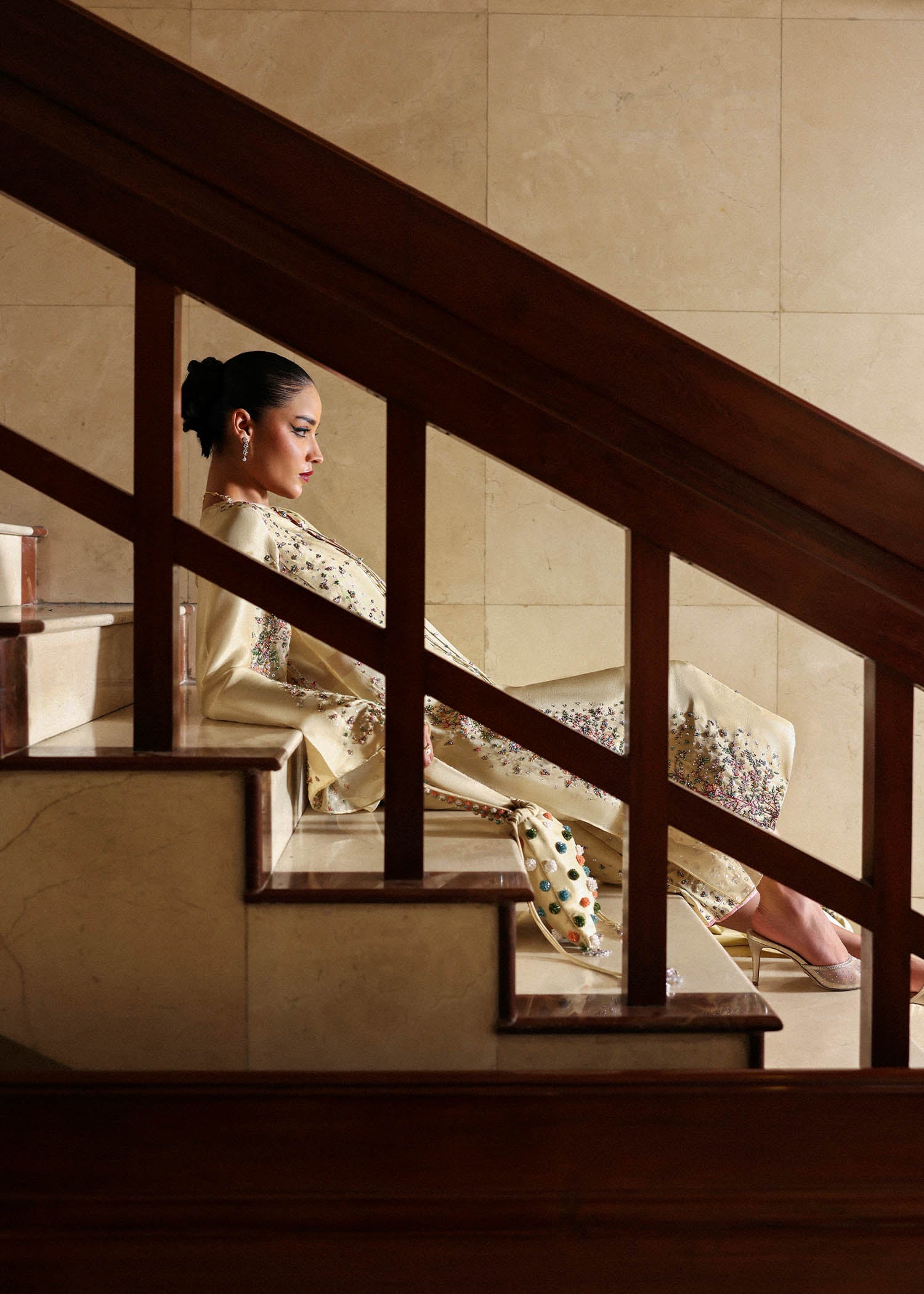 Butter Yellow Embroidered Raw Silk & Organza Salwar Kameez (3-Piece) - Image 7