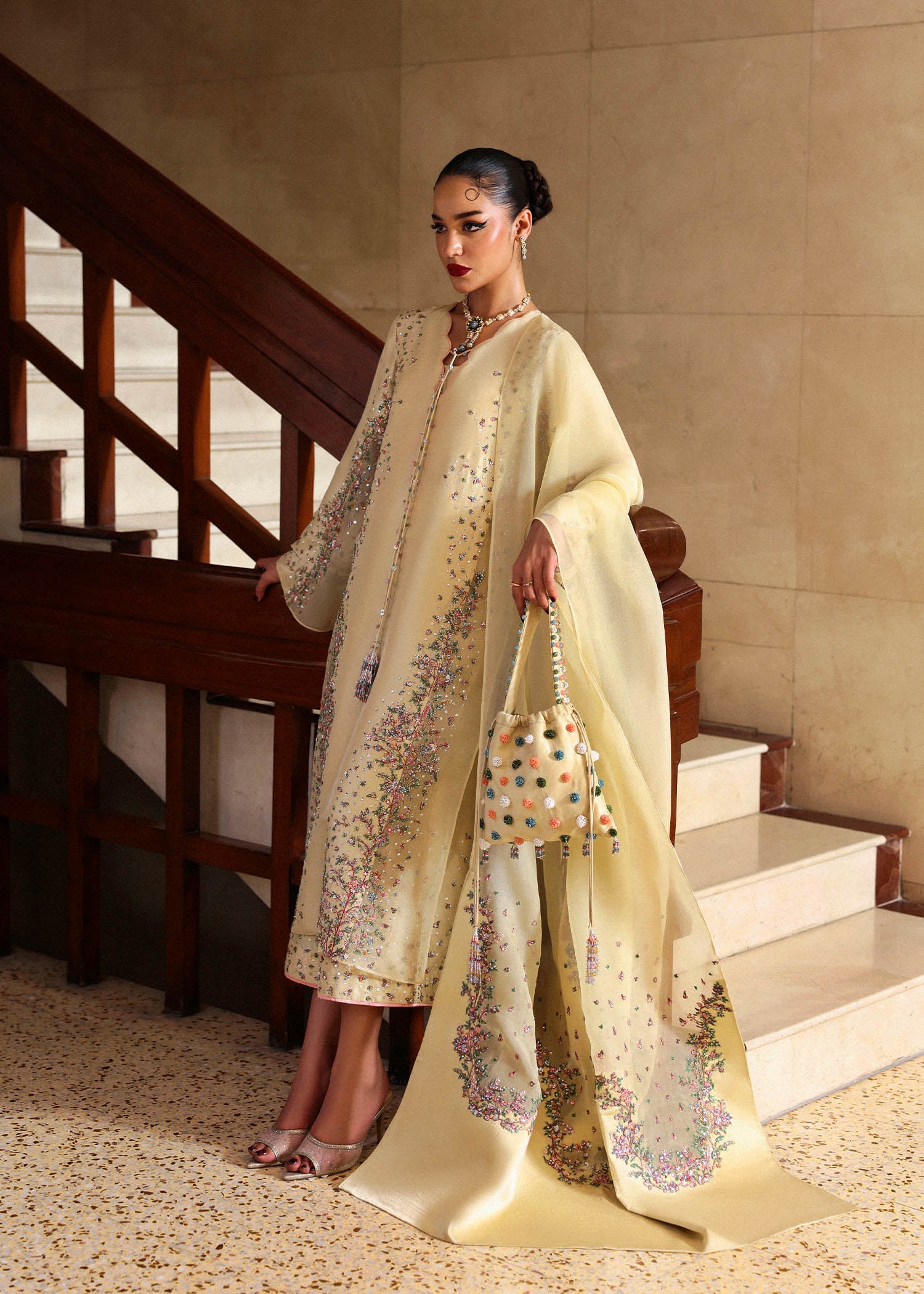 Butter Yellow Embroidered Raw Silk & Organza Salwar Kameez (3-Piece) - Image 8