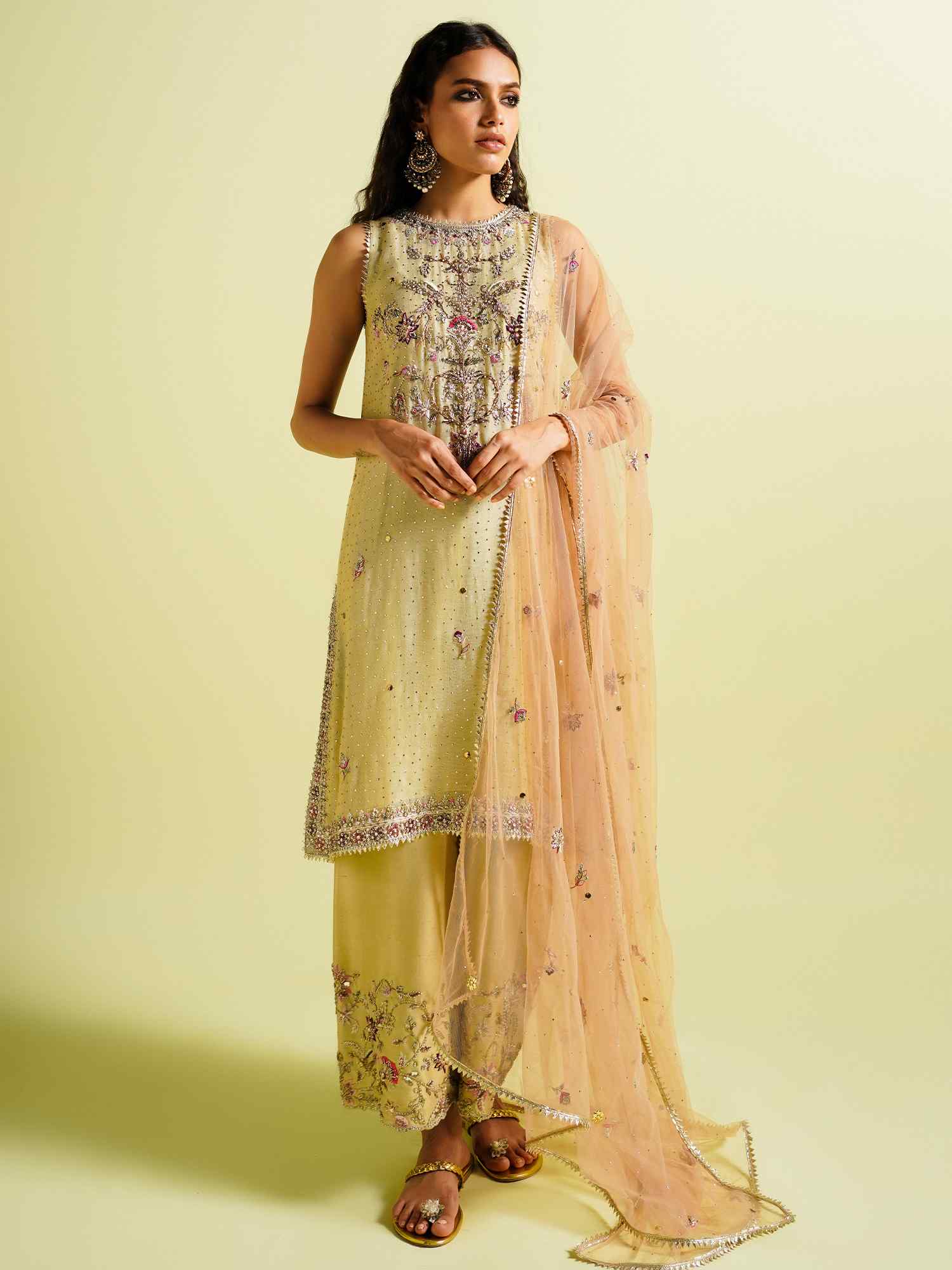 Pastel Yellow Embroidered Net & Raw Silk Izaar Set (3-Piece) - Image 1