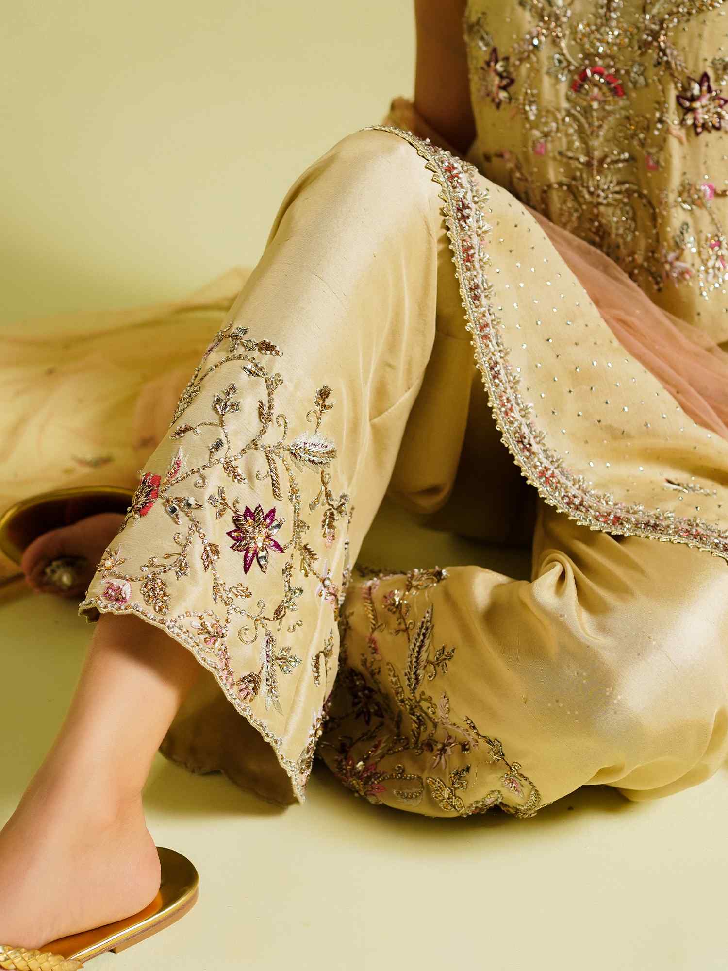 Pastel Yellow Embroidered Net & Raw Silk Izaar Set (3-Piece) - Image 3