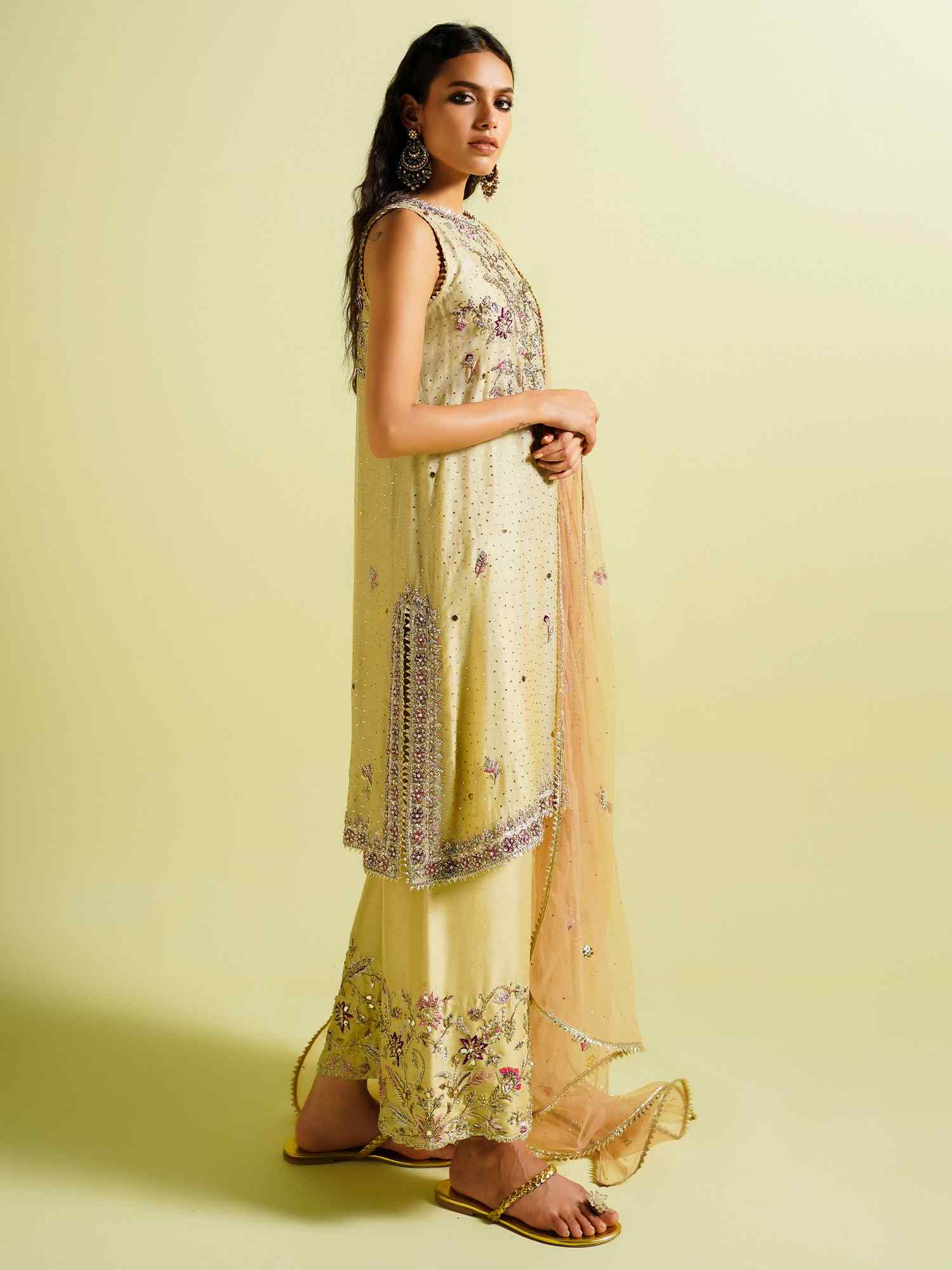 Pastel Yellow Embroidered Net & Raw Silk Izaar Set (3-Piece) - Image 4