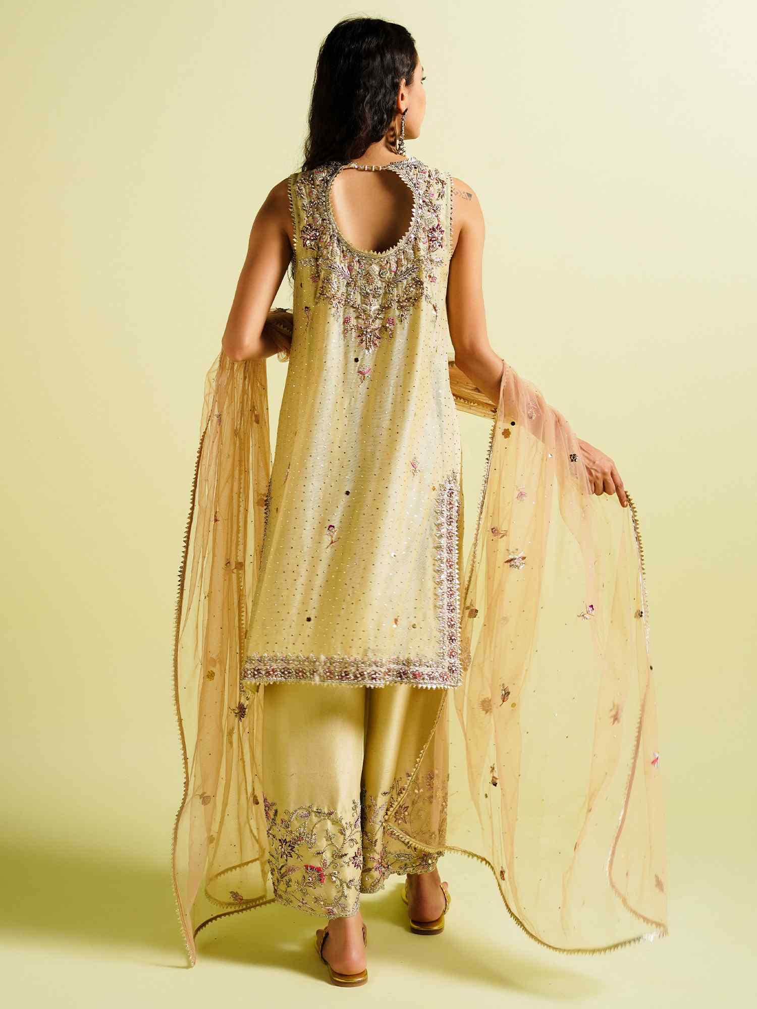 Pastel Yellow Embroidered Net & Raw Silk Izaar Set (3-Piece) - Image 5