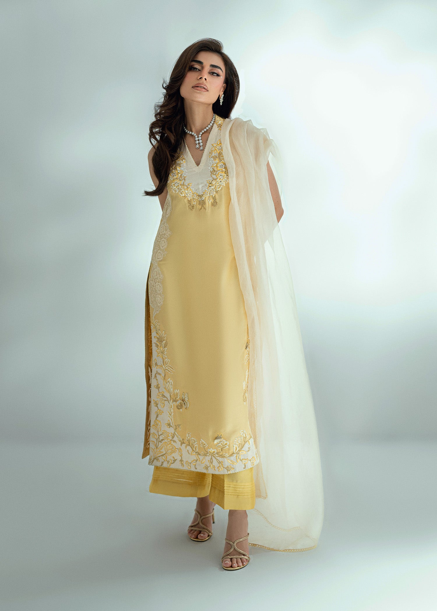 Lemon Drop Embroidered Silk Salwar Kameez (3-Piece) - Image 1