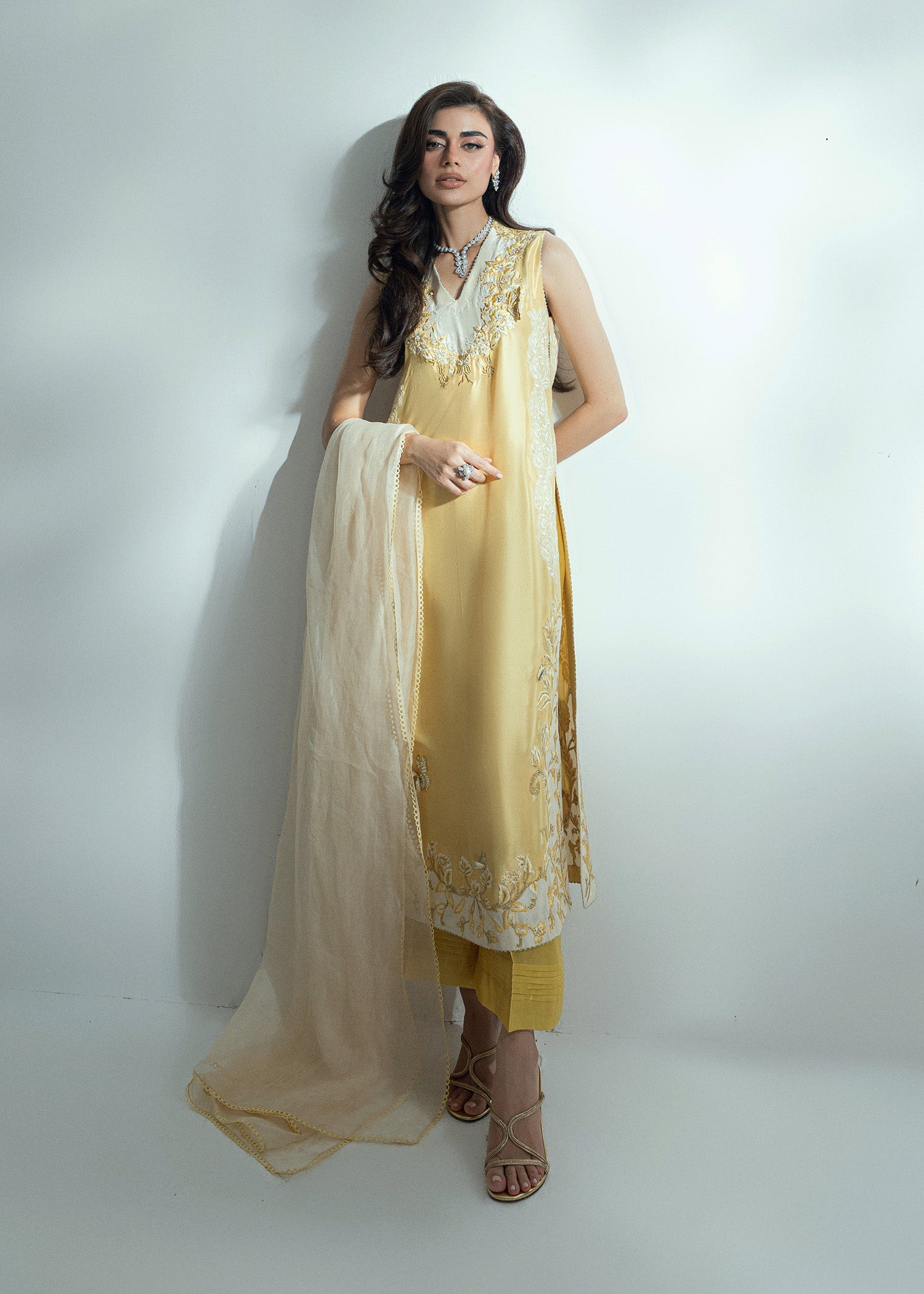 Lemon Drop Embroidered Silk Salwar Kameez (3-Piece) - Image 12