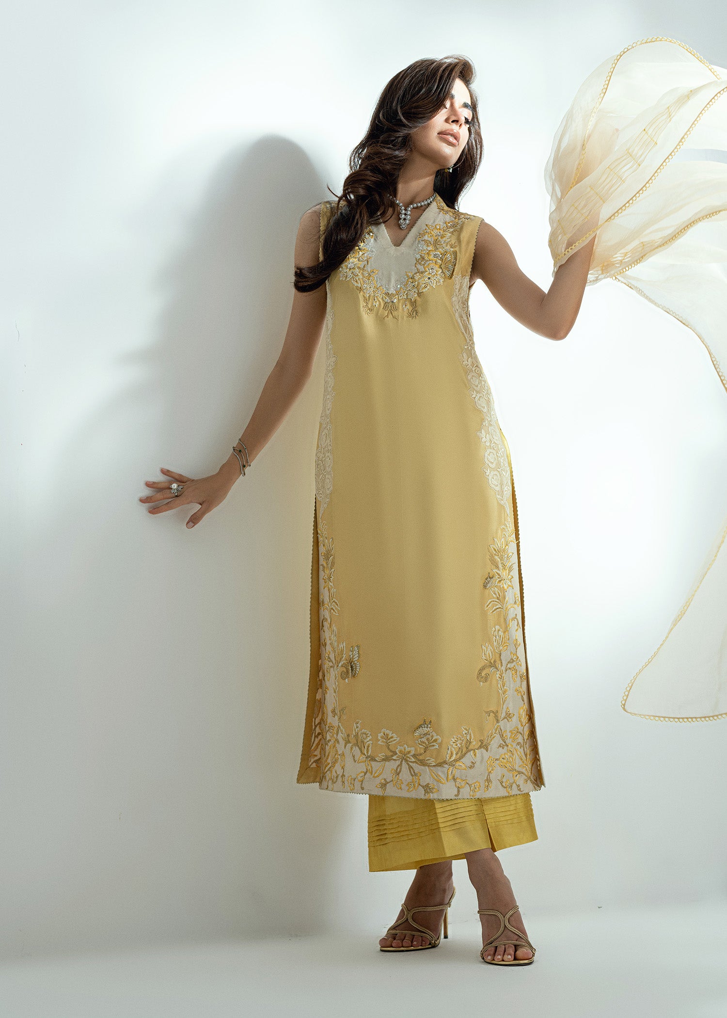 Lemon Drop Embroidered Silk Salwar Kameez (3-Piece) - Image 5