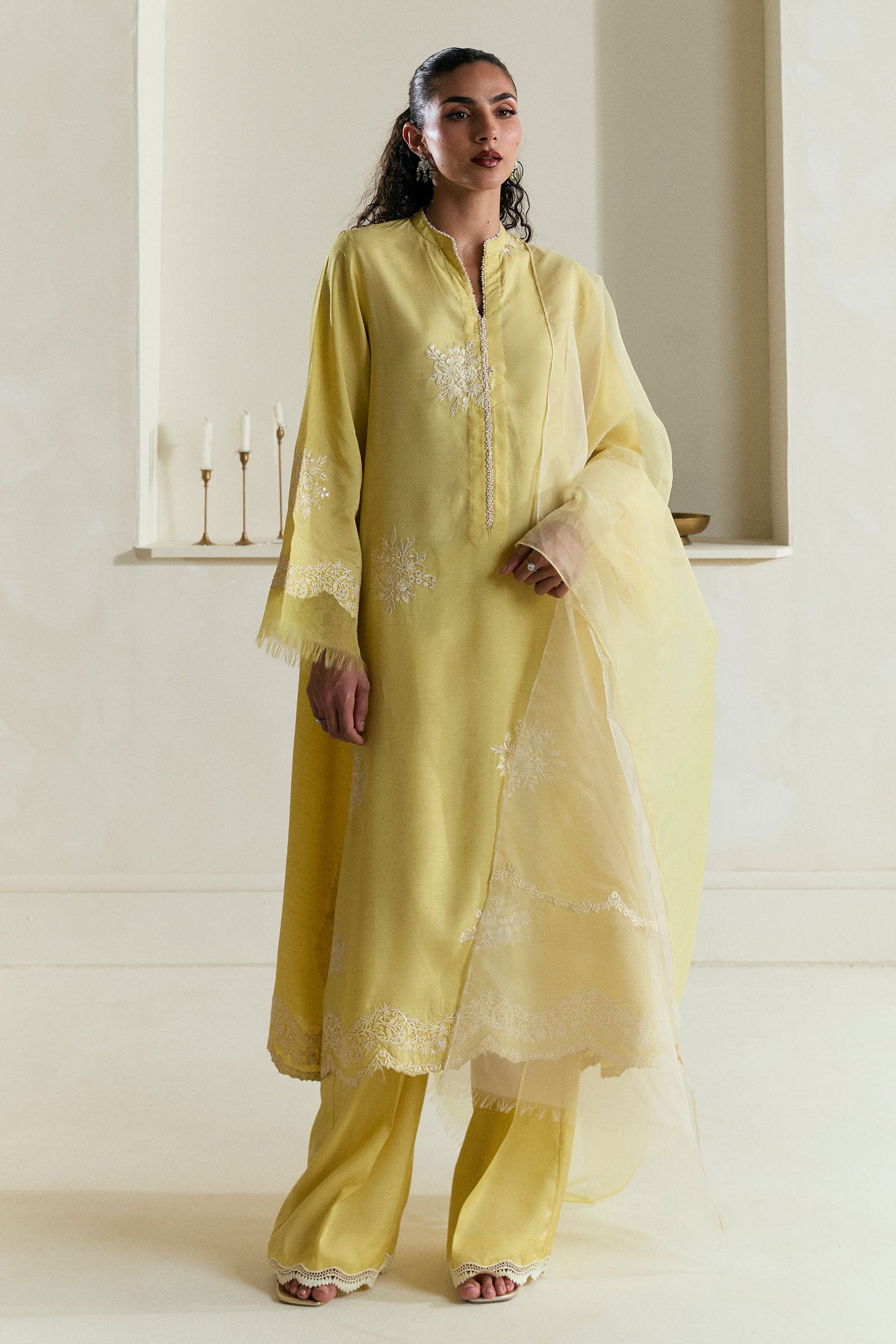 Pakistani Butter Yellow Gara Embroidered Raw Silk Salwar Kameez (3-Piece) - Image 1