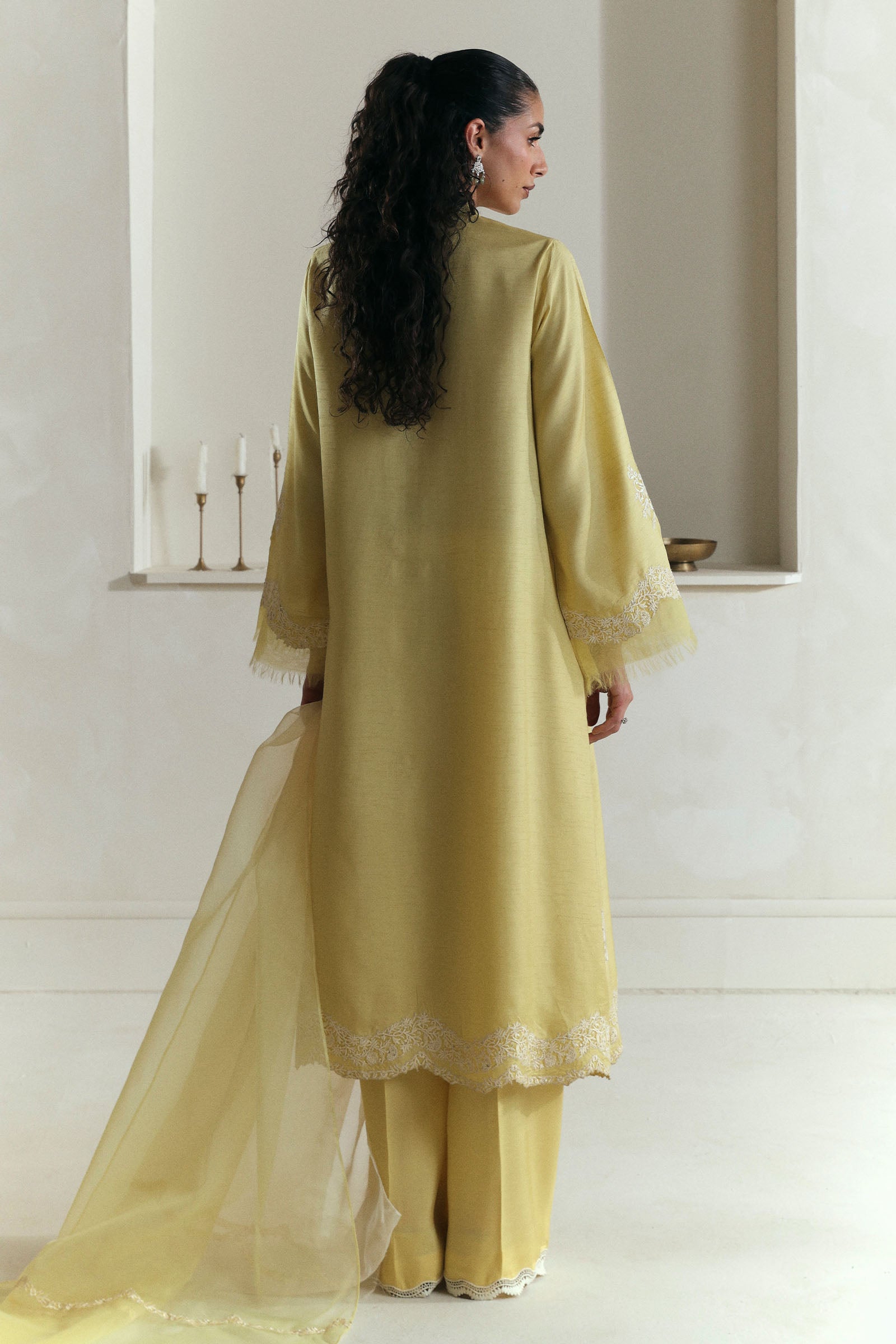 Pakistani Butter Yellow Gara Embroidered Raw Silk Salwar Kameez (3-Piece) - Image 2