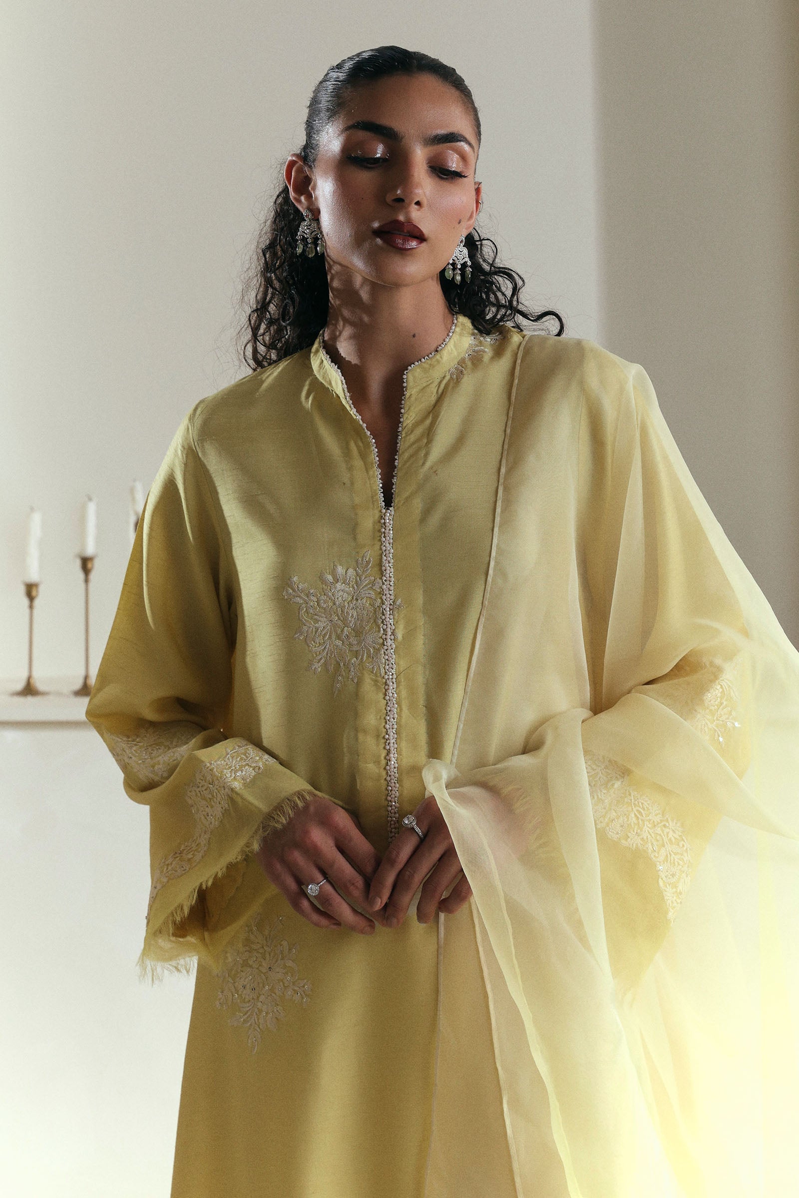 Pakistani Butter Yellow Gara Embroidered Raw Silk Salwar Kameez (3-Piece) - Image 3