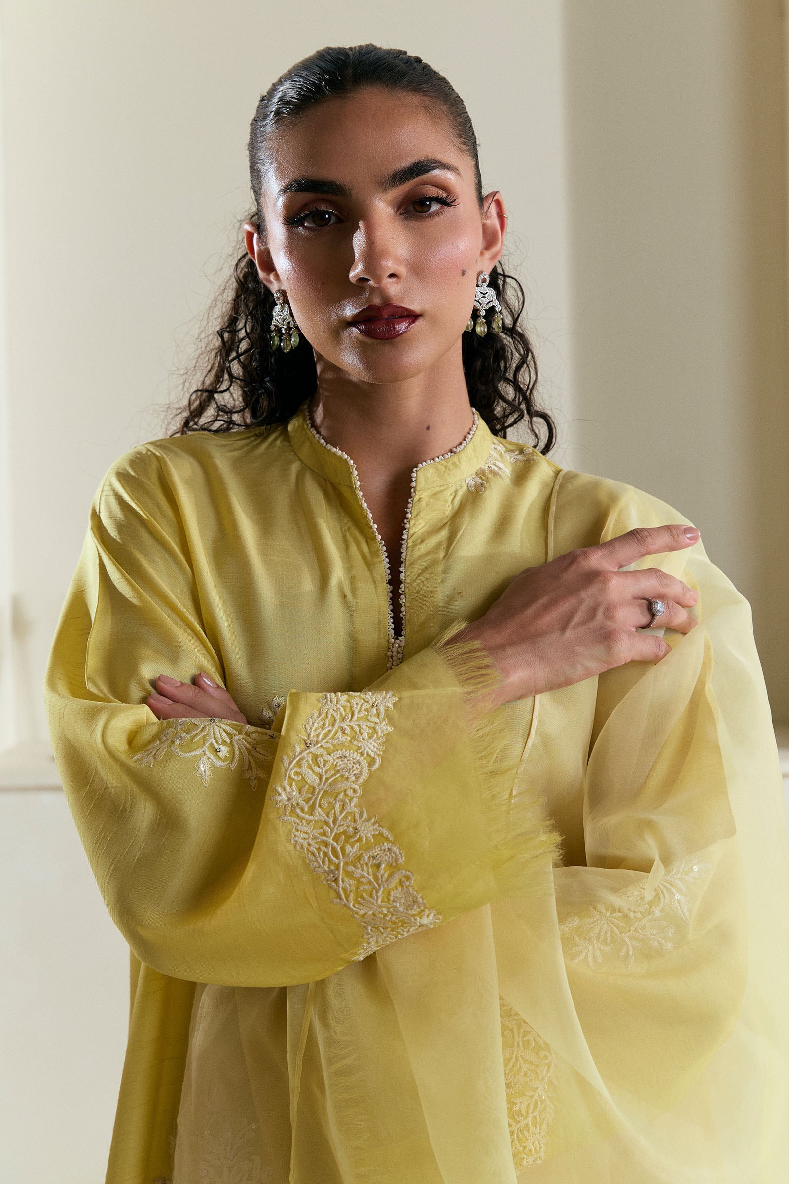 Pakistani Butter Yellow Gara Embroidered Raw Silk Salwar Kameez (3-Piece) - Image 4