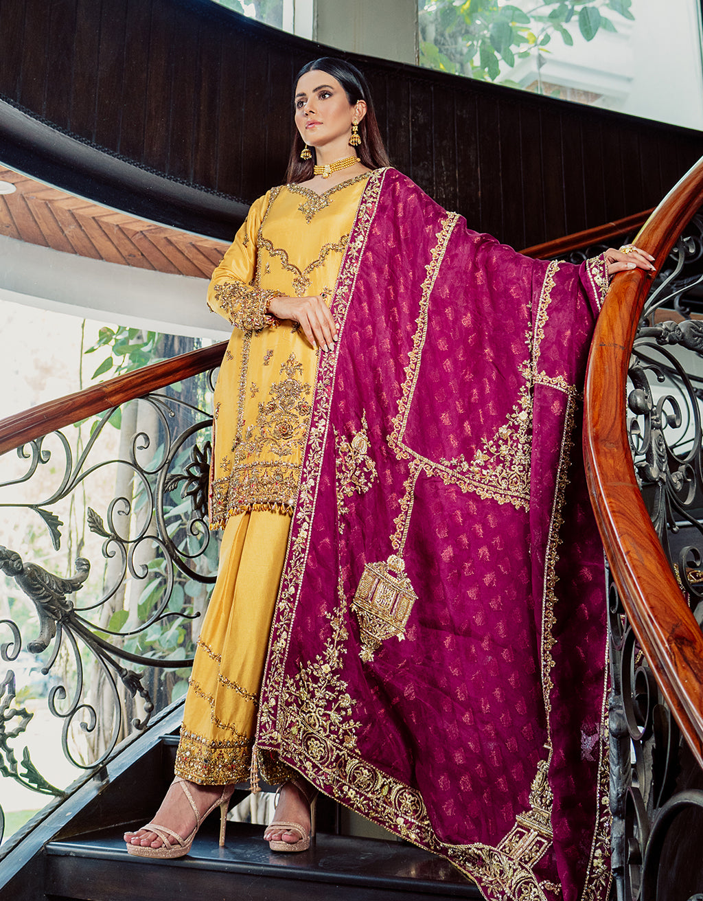 Pakistani Sunset Yellow Embroidered Raw Silk Salwar Kameez (3-Piece) - Image 1