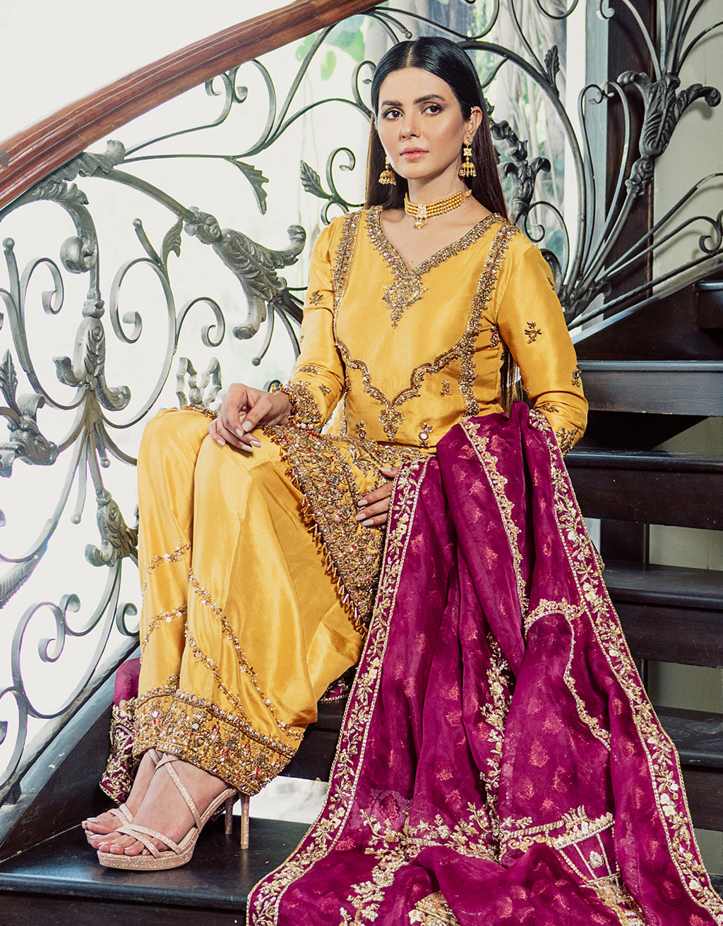 Pakistani Sunset Yellow Embroidered Raw Silk Salwar Kameez (3-Piece) - Image 2