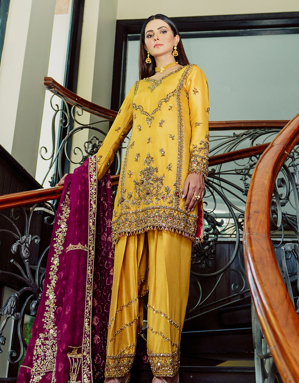 Pakistani Sunset Yellow Embroidered Raw Silk Salwar Kameez (3-Piece) - Image 3