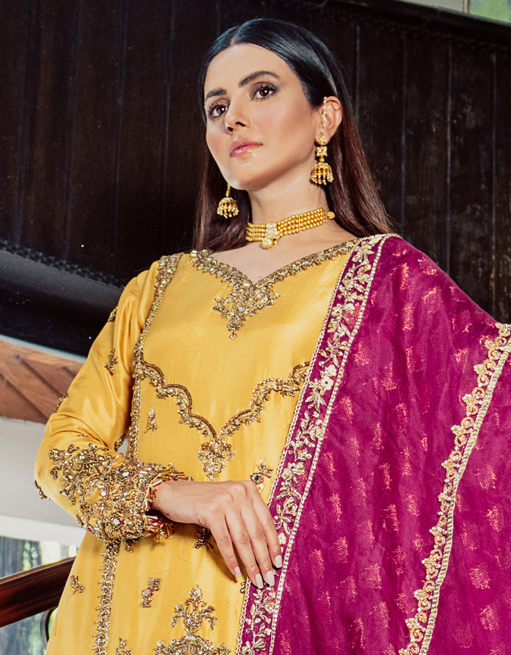 Pakistani Sunset Yellow Embroidered Raw Silk Salwar Kameez (3-Piece) - Image 4